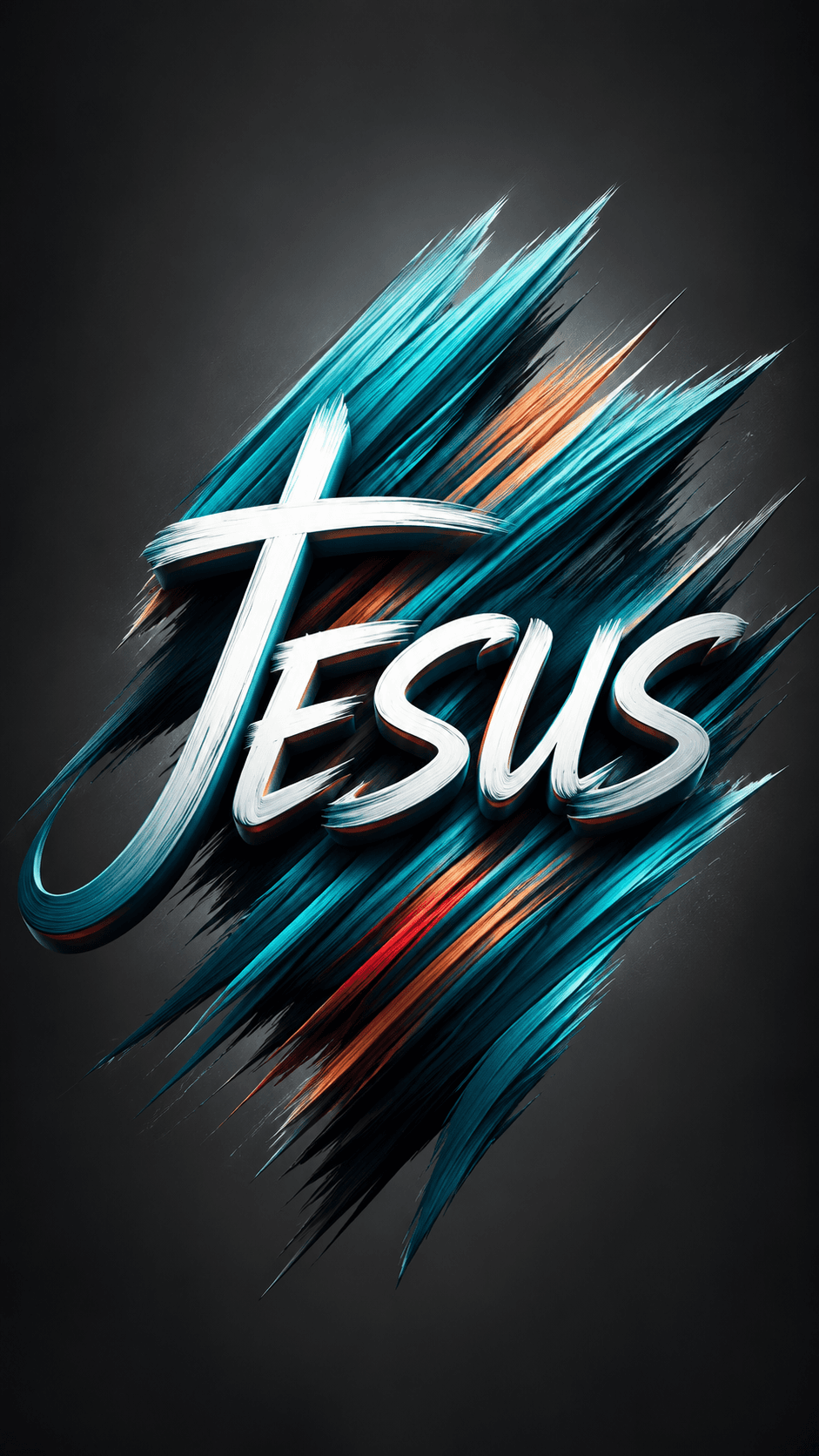 High-resolution modern Jesus typography with a cross-inspired brushstroke design and vibrant blue artistic paint strokes on a dark background, ideal for HD wallpapers, church media, Christian branding, and faith-inspired graphic designs.