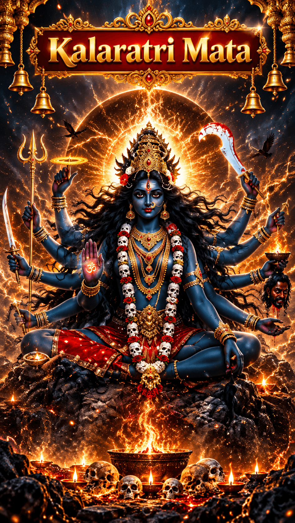 Kalaratri Mata with dark blue complexion, multiple arms, divine weapons and skull garland, seated amid flames and a glowing celestial background, HD 4K image.