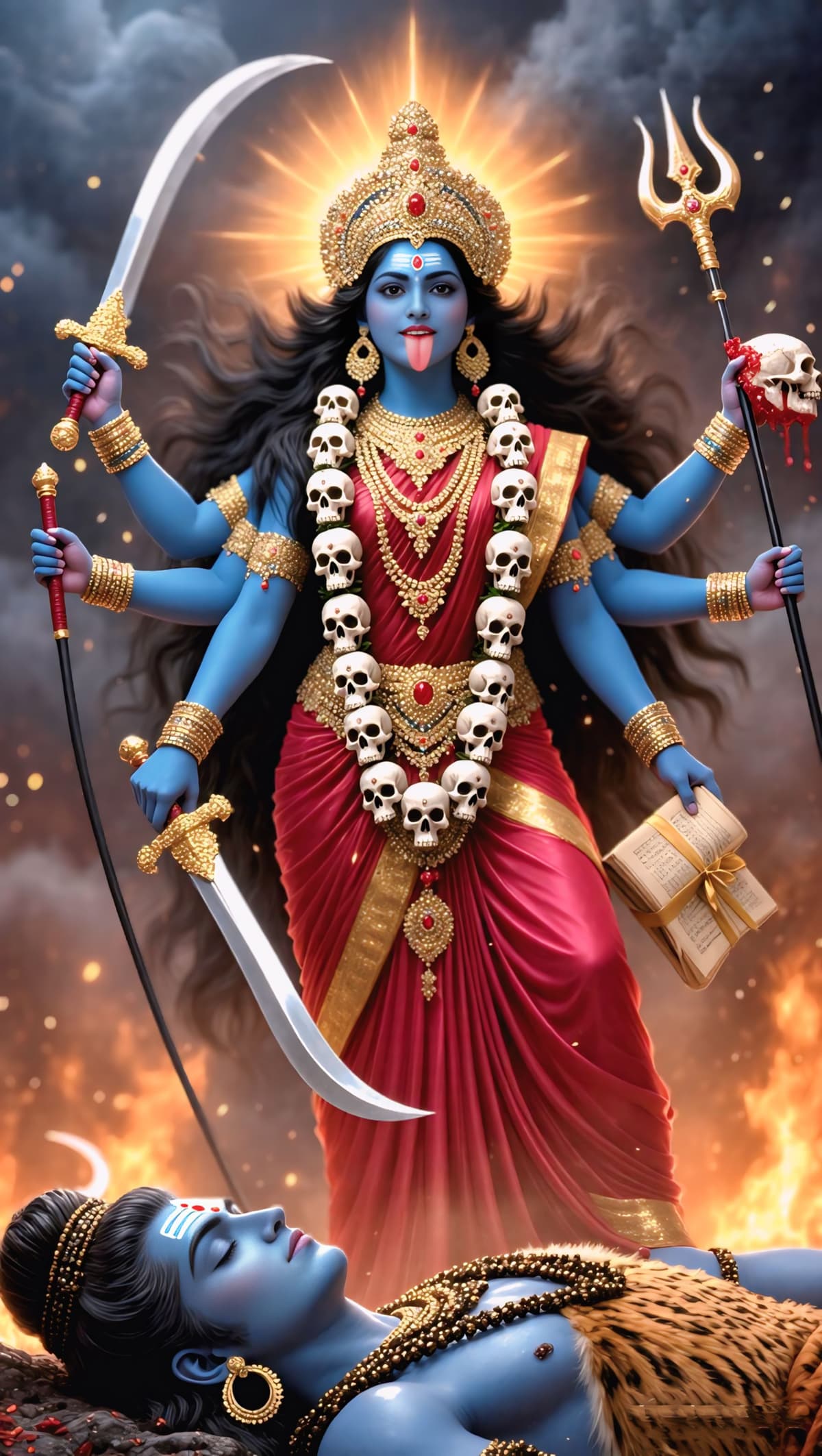 HD image of Goddess Kali in red saree with golden crown and skull garland, holding sword and trident, standing over Lord Shiva, free to download