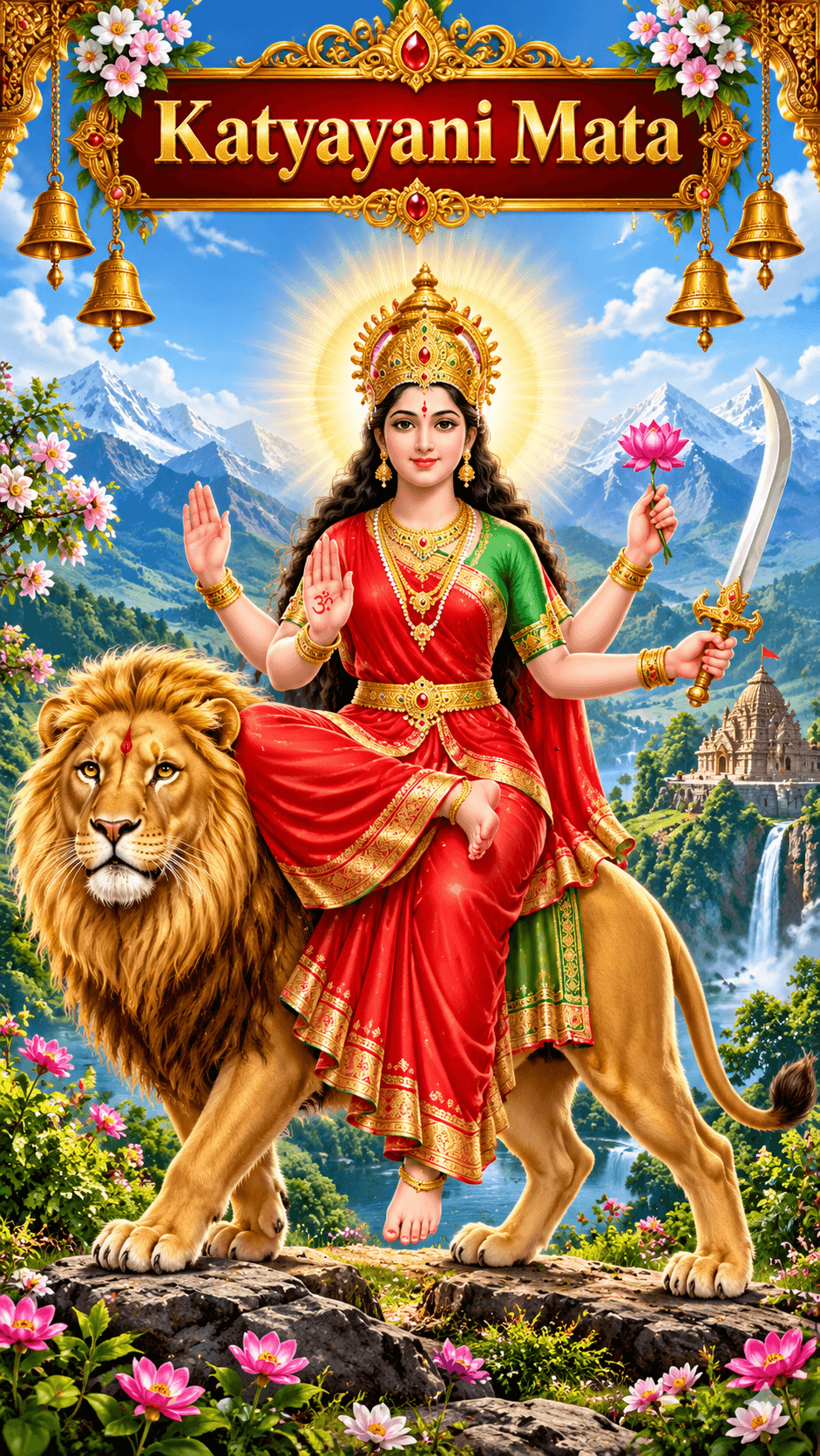 Katyayani Mata in a red and green saree seated on a majestic lion, holding a sword and pink lotus against Himalayan mountains, HD 4K image.