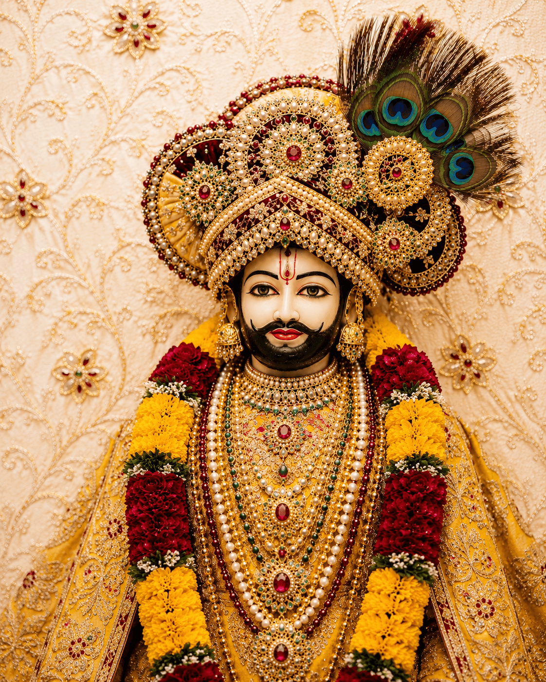 Beautiful 4K image of Khatu Shyam Ji with golden attire, pearl jewelry, and peacock feather crown, free HD download.