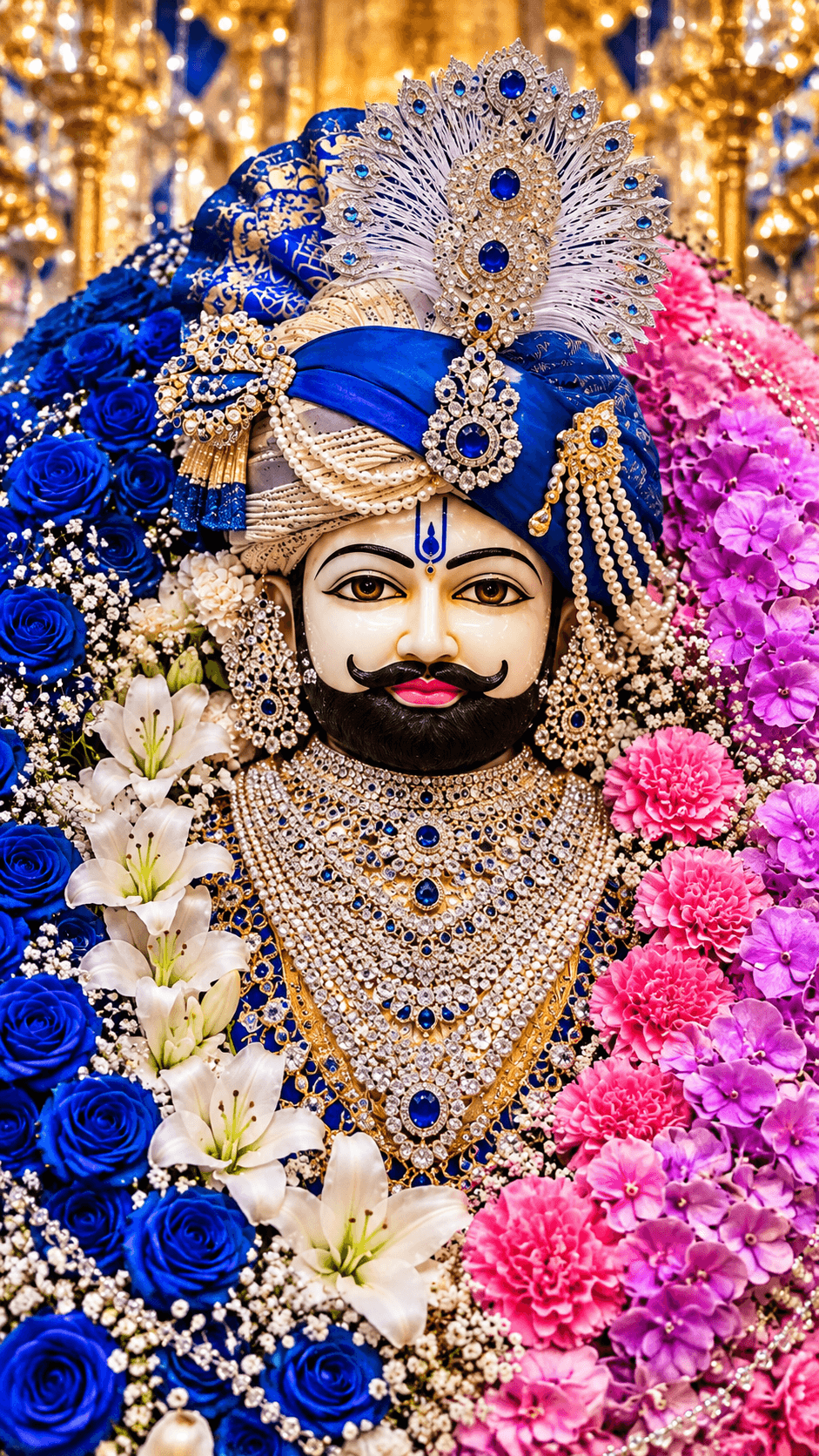 Khatu Shyam Ji adorned with an ornate blue turban, jeweled crown and necklaces, surrounded by vibrant blue, pink and white flowers in a devotional 4K image.