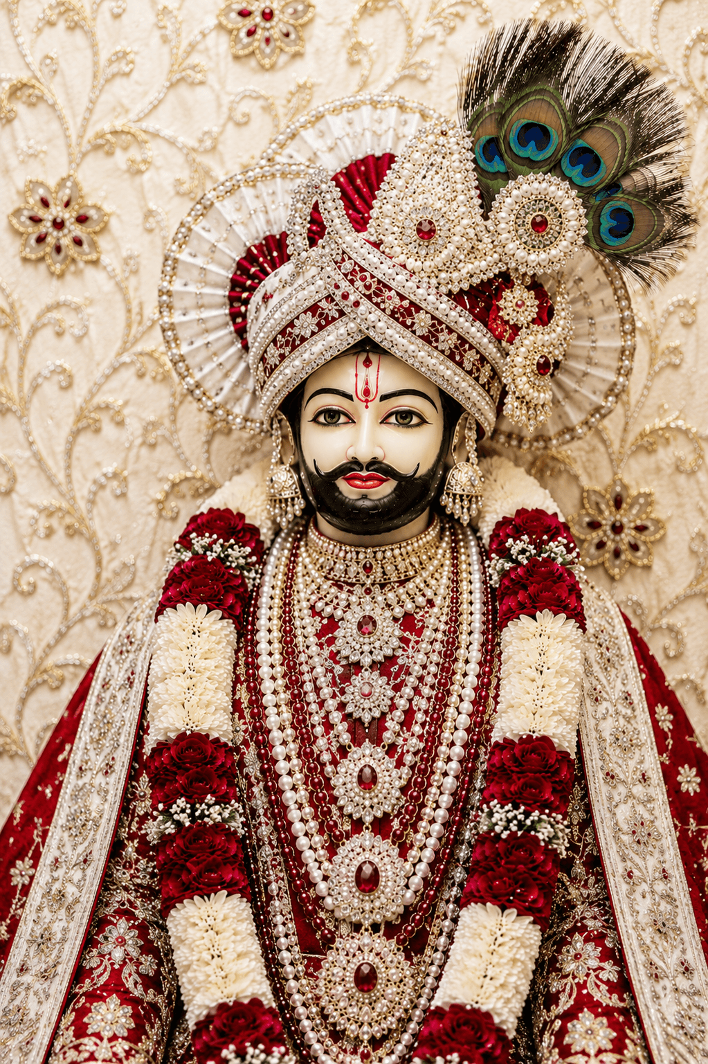 Beautiful 4K image of Khatu Shyam Ji with royal attire, pearl jewelry, and peacock feathers, free HD download wallpaper.