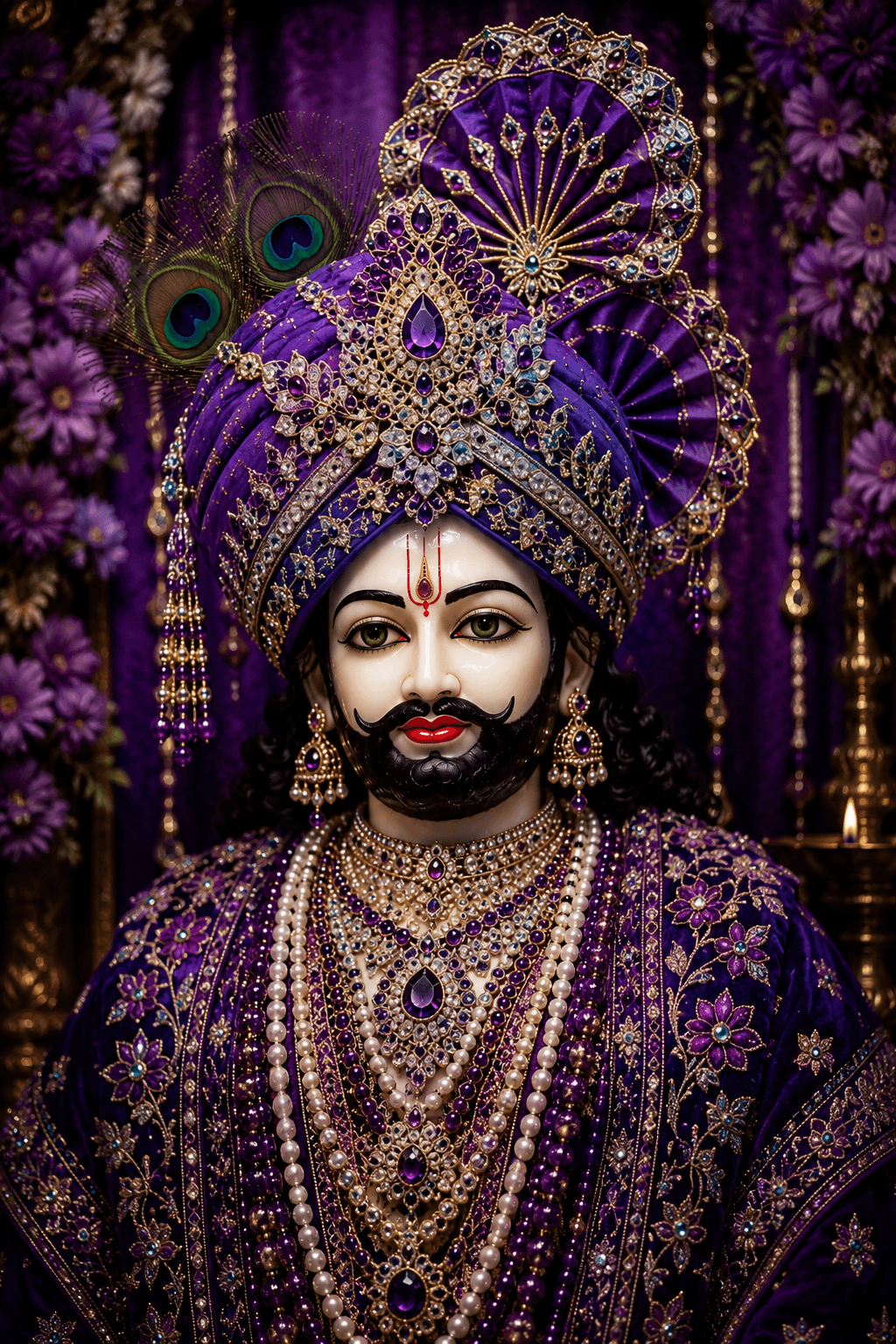 Royal 4K image of Khatu Shyam Ji in purple attire with jeweled crown and peacock feathers, free HD download wallpaper.