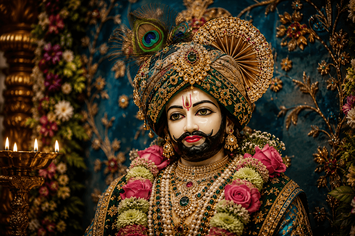 Elegant 4K image of Khatu Shyam Ji with peacock feather crown, floral garlands, and royal jewelry, free HD wallpaper download.