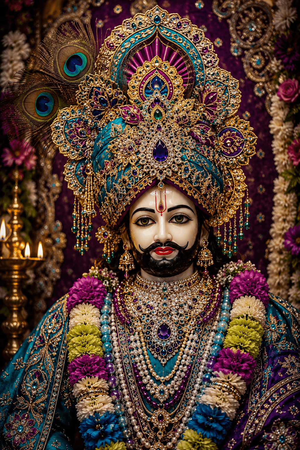 Beautiful 4K image of Khatu Shyam Ji wearing a jeweled crown, peacock feathers, and colorful floral garlands, free HD wallpaper download.