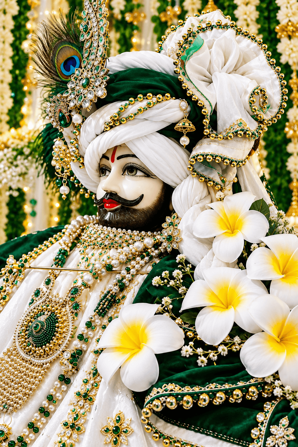 Khatu Shyam Ji adorned in elegant white and green attire, jeweled ornaments, pearl necklaces, peacock feather crown and white flowers.
