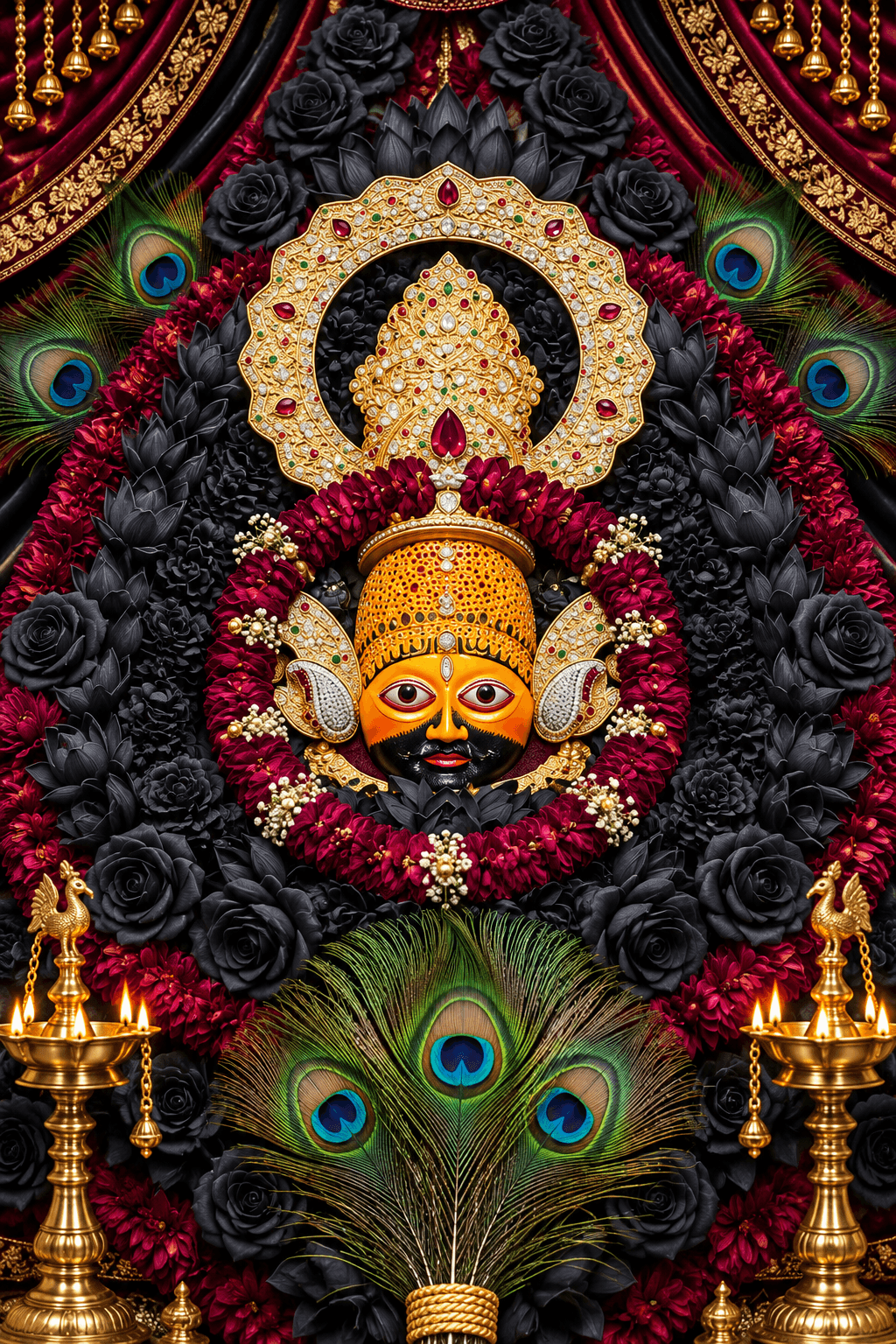 Khatu Shyam Ji adorned with a jeweled crown, black and red flower garlands, peacock feathers and traditional golden lamps in a devotional setting.