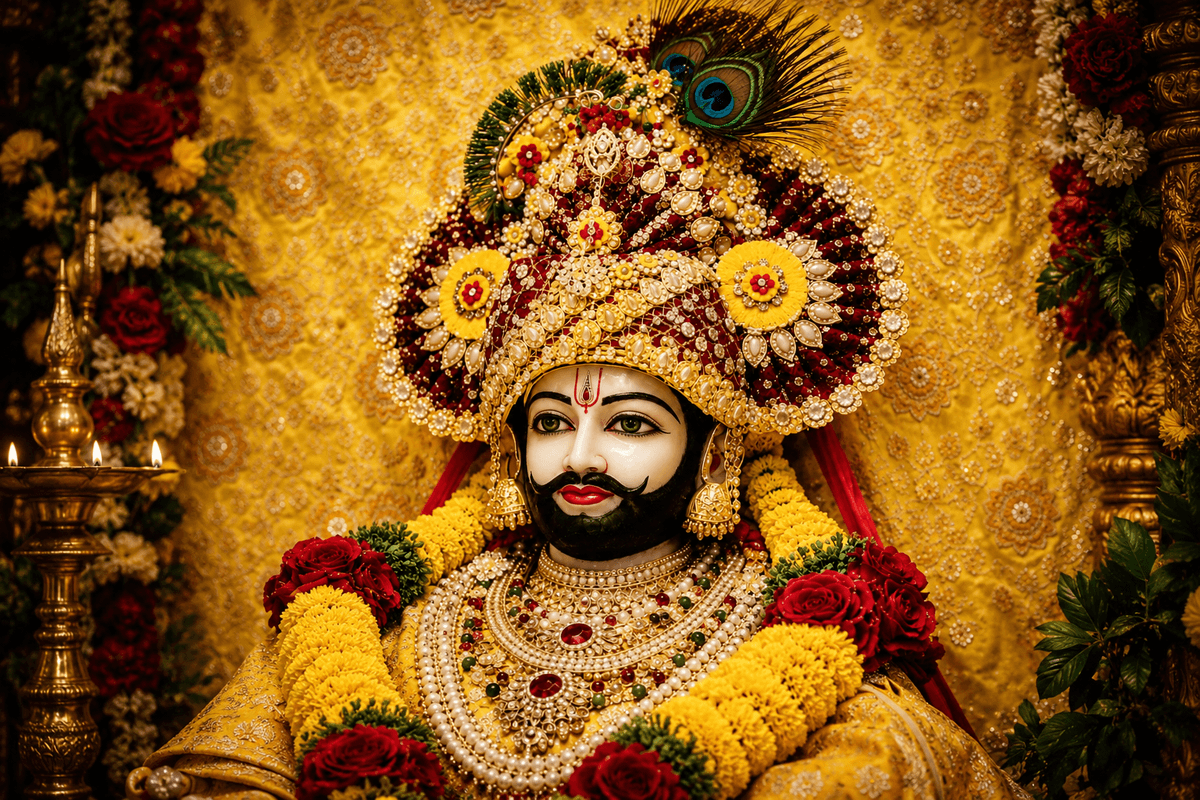 Beautiful 4K image of Khatu Shyam Ji in golden attire with peacock feathers, floral garlands, and royal jewelry, free HD wallpaper download.