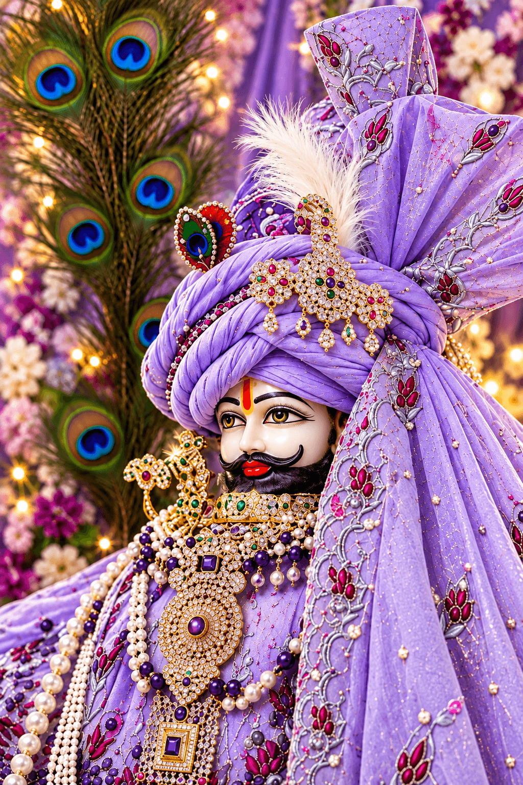 Khatu Shyam Ji adorned in an elegant purple embroidered turban and attire, jeweled ornaments, pearl necklaces and peacock feathers, HD image.