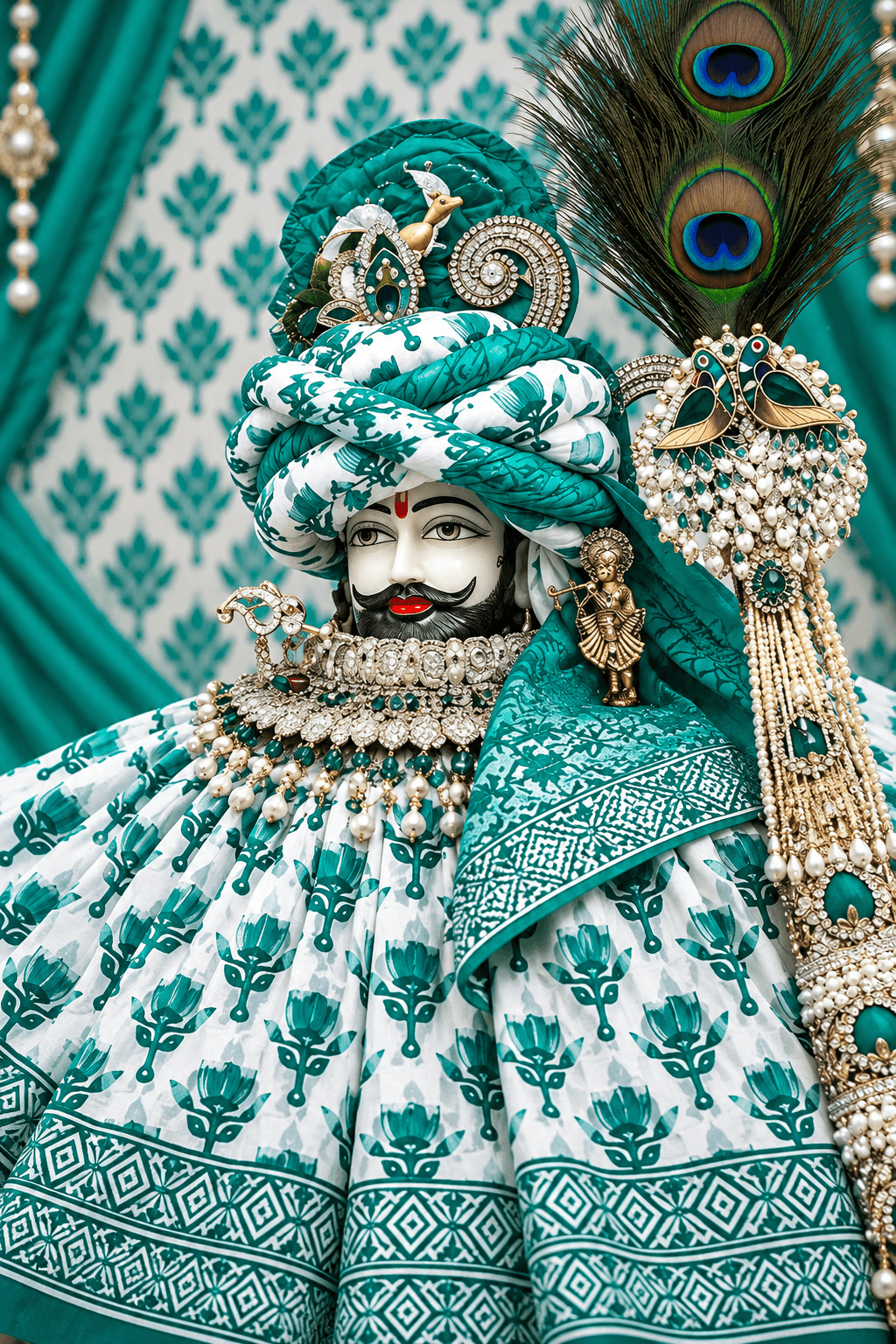 Khatu Shyam Ji adorned in elegant teal and white patterned attire, jeweled turban, pearl ornaments and peacock feathers in a devotional setting.