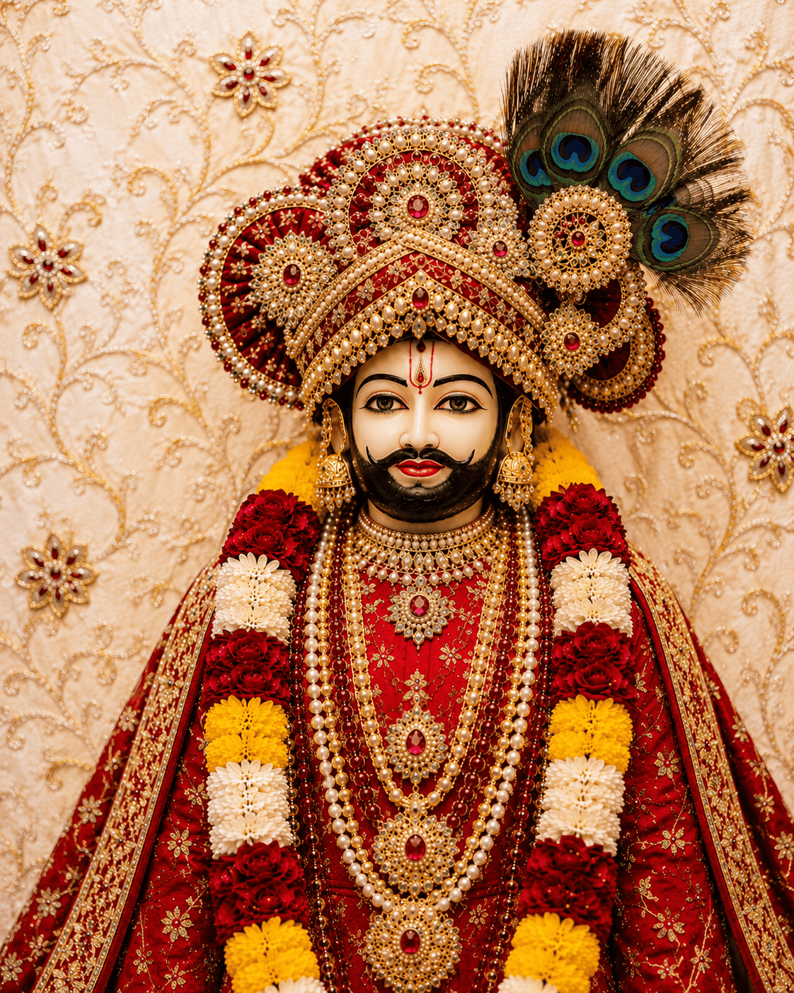 High-resolution 4K image of Khatu Shyam Ji in royal red attire with pearl jewelry and peacock feather crown, free download wallpaper.