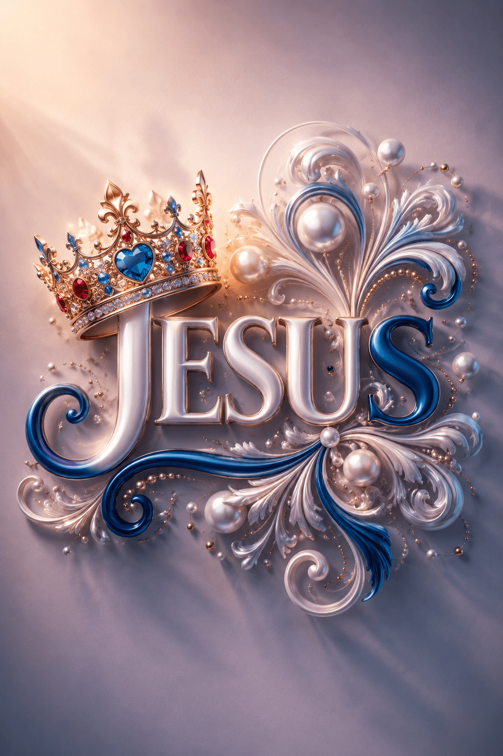 High-resolution King Jesus typography featuring a jeweled royal crown with elegant blue and white ornamental floral accents, symbolizing Christ's kingship, ideal for HD wallpapers, church media, Christian artwork, and faith-inspired designs.