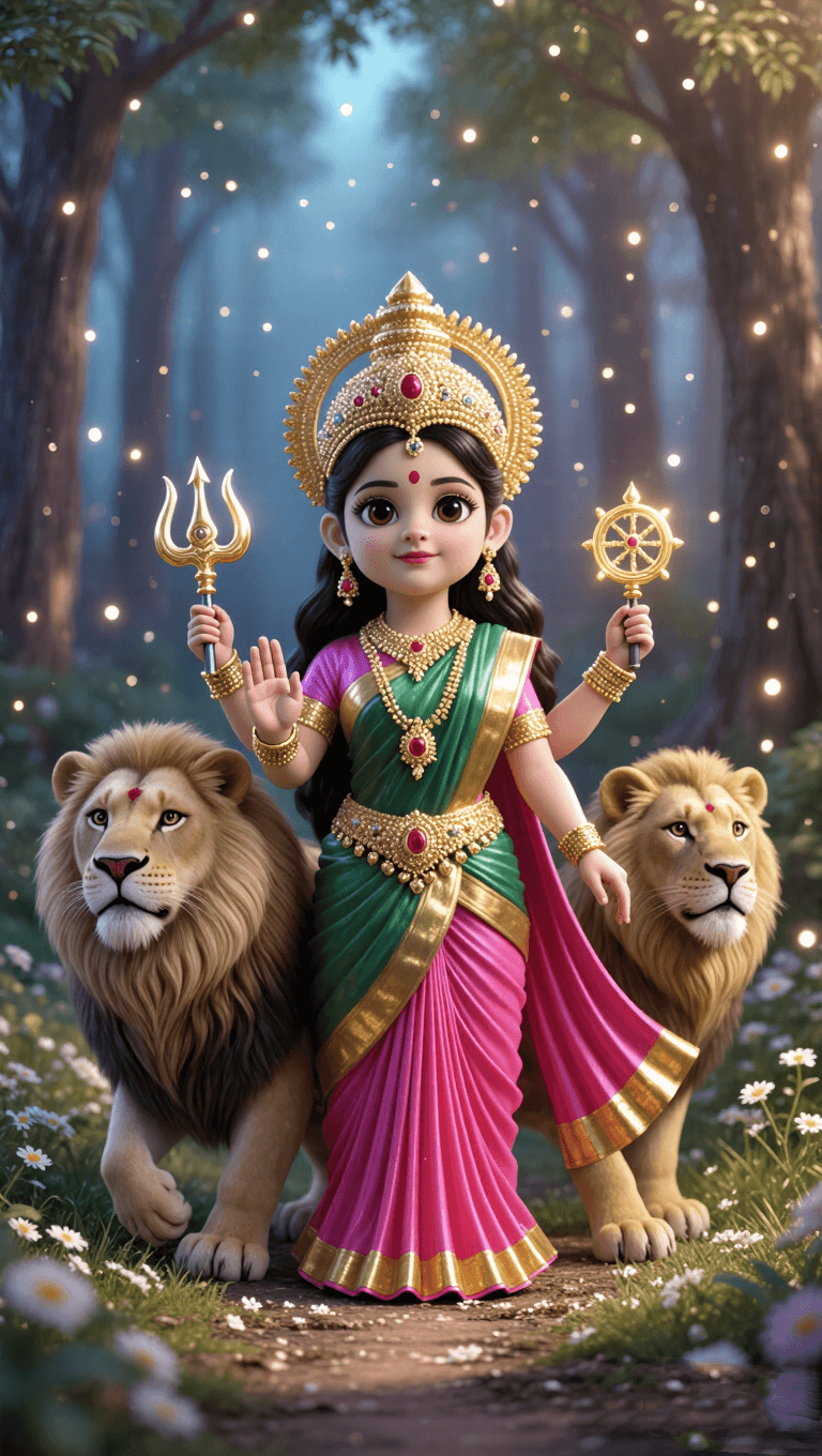 Child form of Goddess Durga standing with two lions in forest