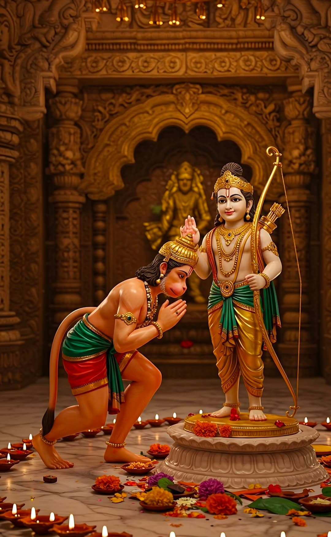 Lord Hanuman bowing before Lord Rama receiving divine blessings