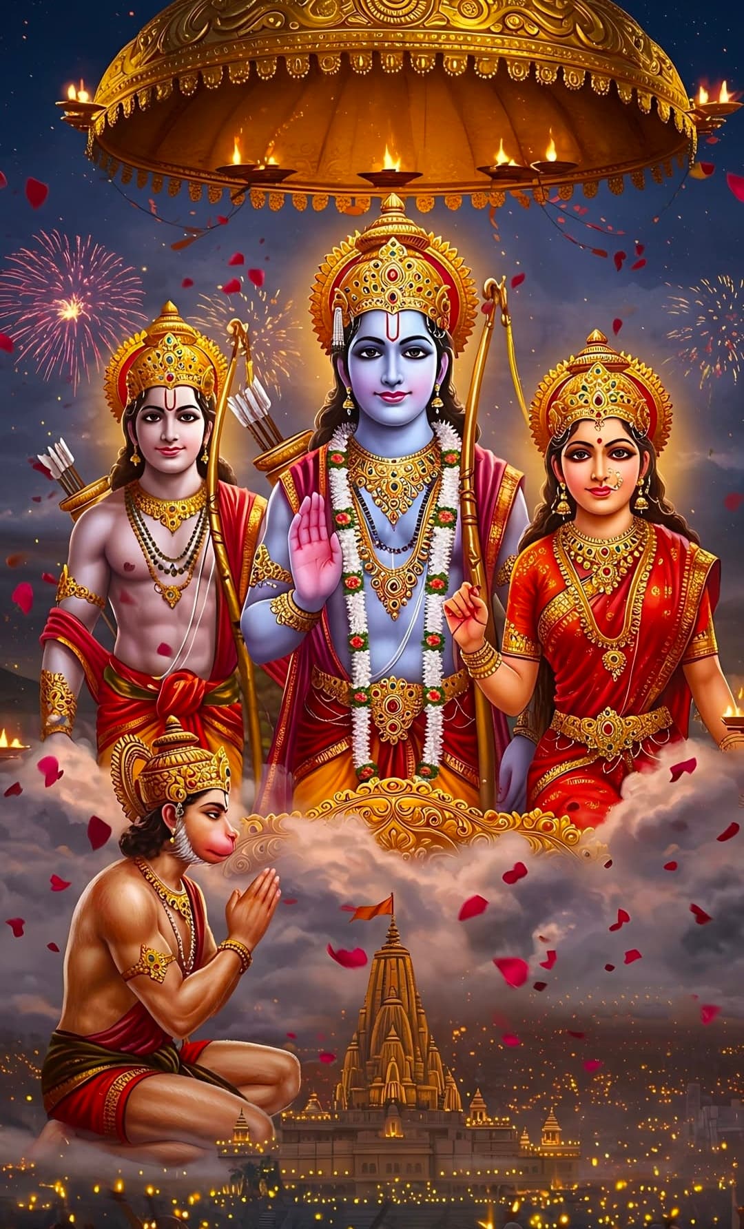 Lord Rama with Sita, Lakshmana, and Hanuman in a divine scene