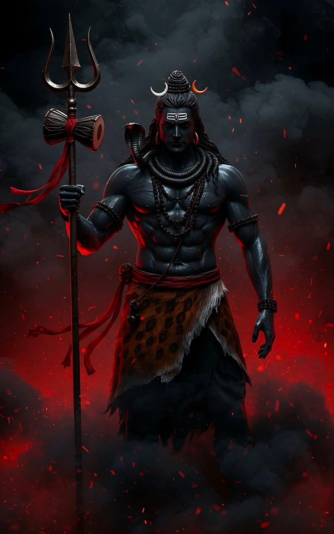 Lord Shiva holding trishul with fire and smoke around