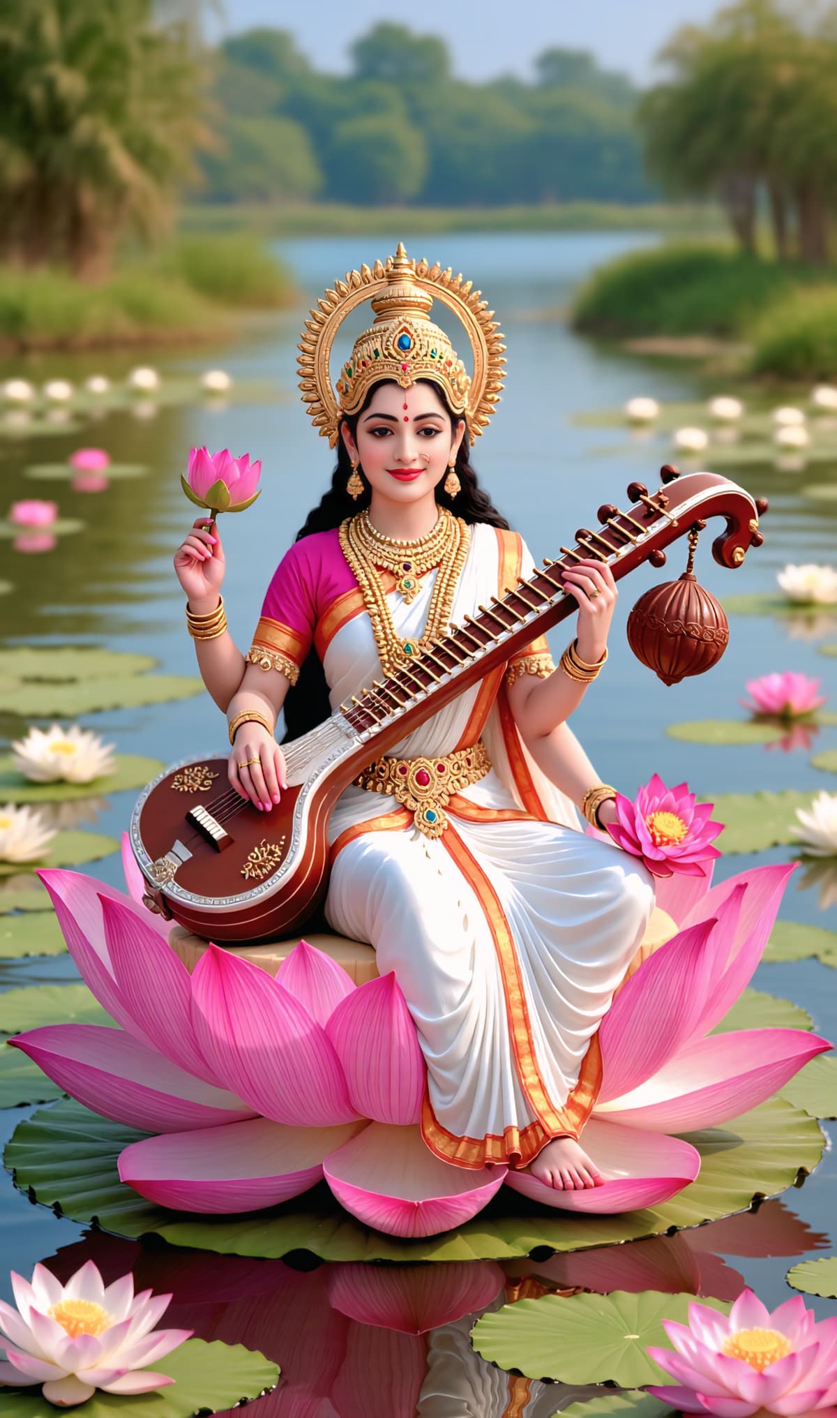 Goddess Saraswati seated on lotus in lake scenery, free to download