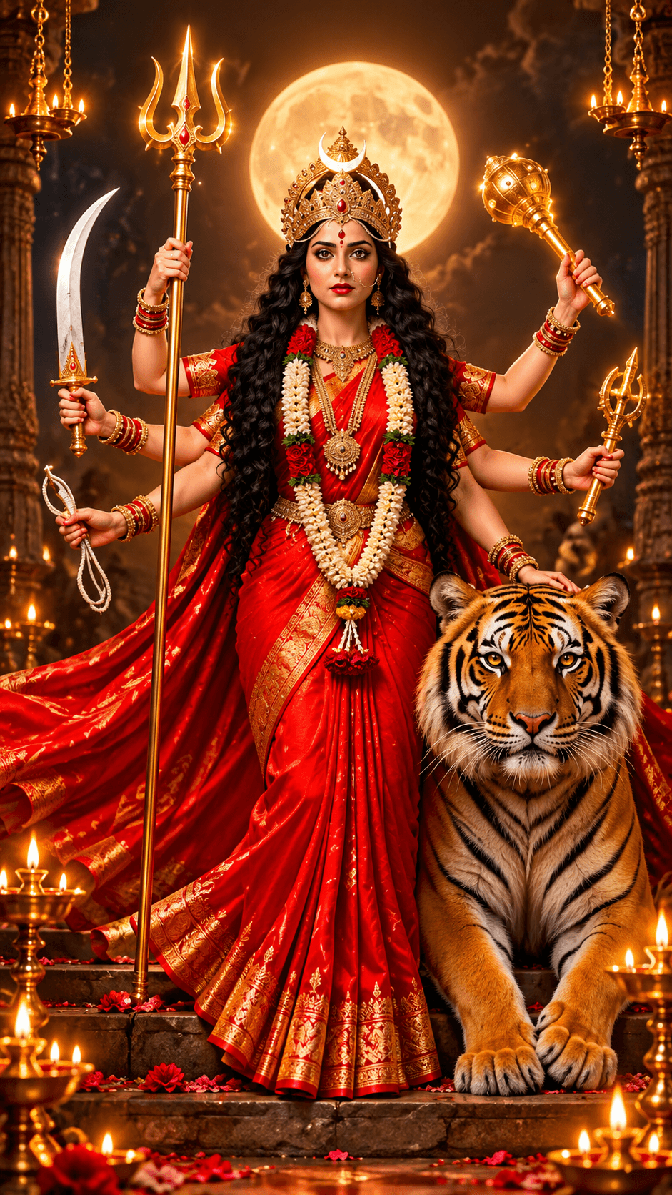 Maa Durga in a red saree with multiple arms, holding divine weapons beside a tiger under a glowing full moon, HD 4K image.