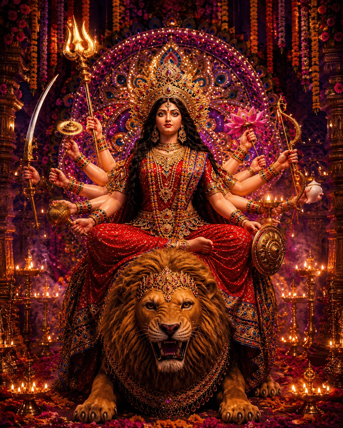 Stunning 4K image of Maa Durga seated on a lion with multiple arms holding divine weapons, free HD download wallpaper.
