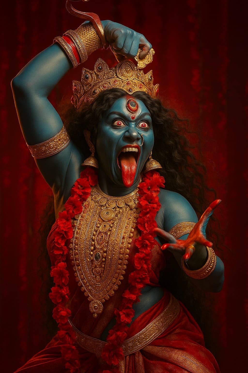 Close-up HD image of Maa Kali fierce face with tongue out
