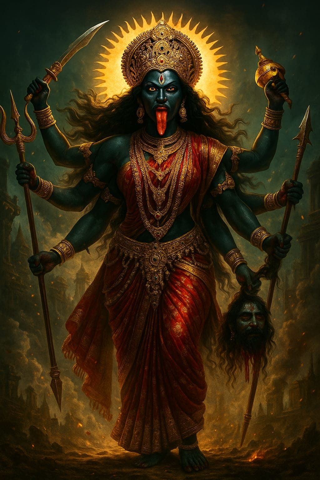 HD image of Maa Kali dark form with trishul and weapons.