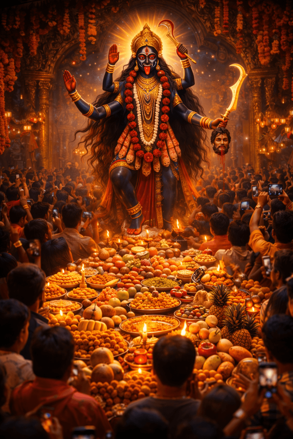 HD image of Maa Kali festival worship with devotees and offerings.