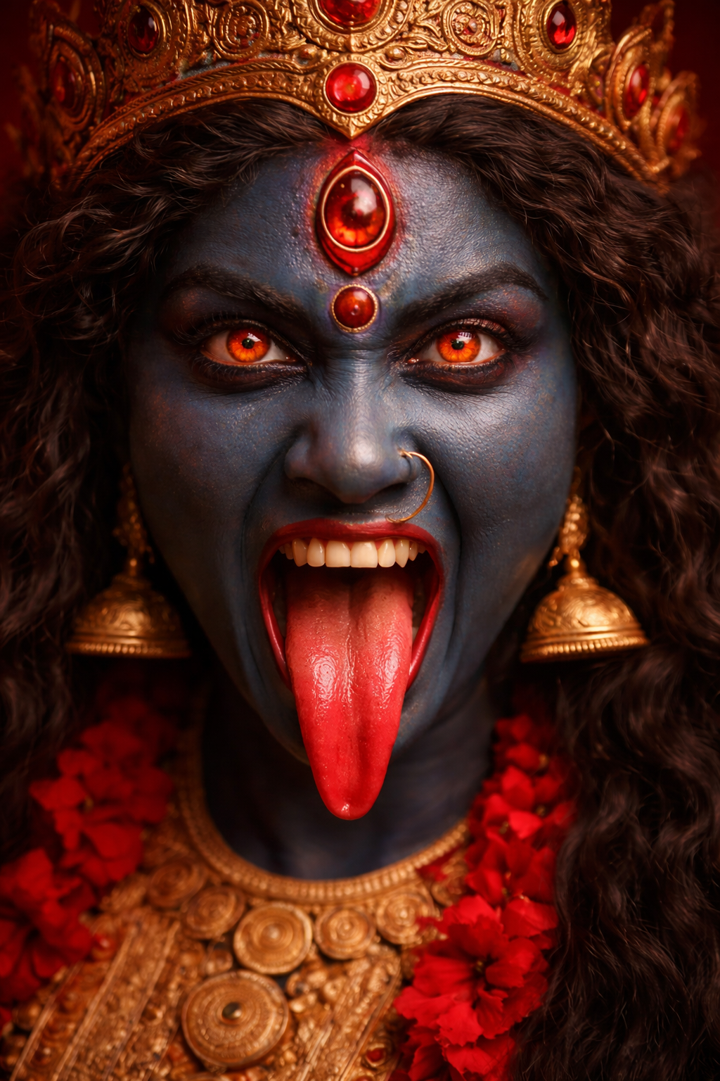 Close-up HD image of Maa Kali fierce face with tongue out.