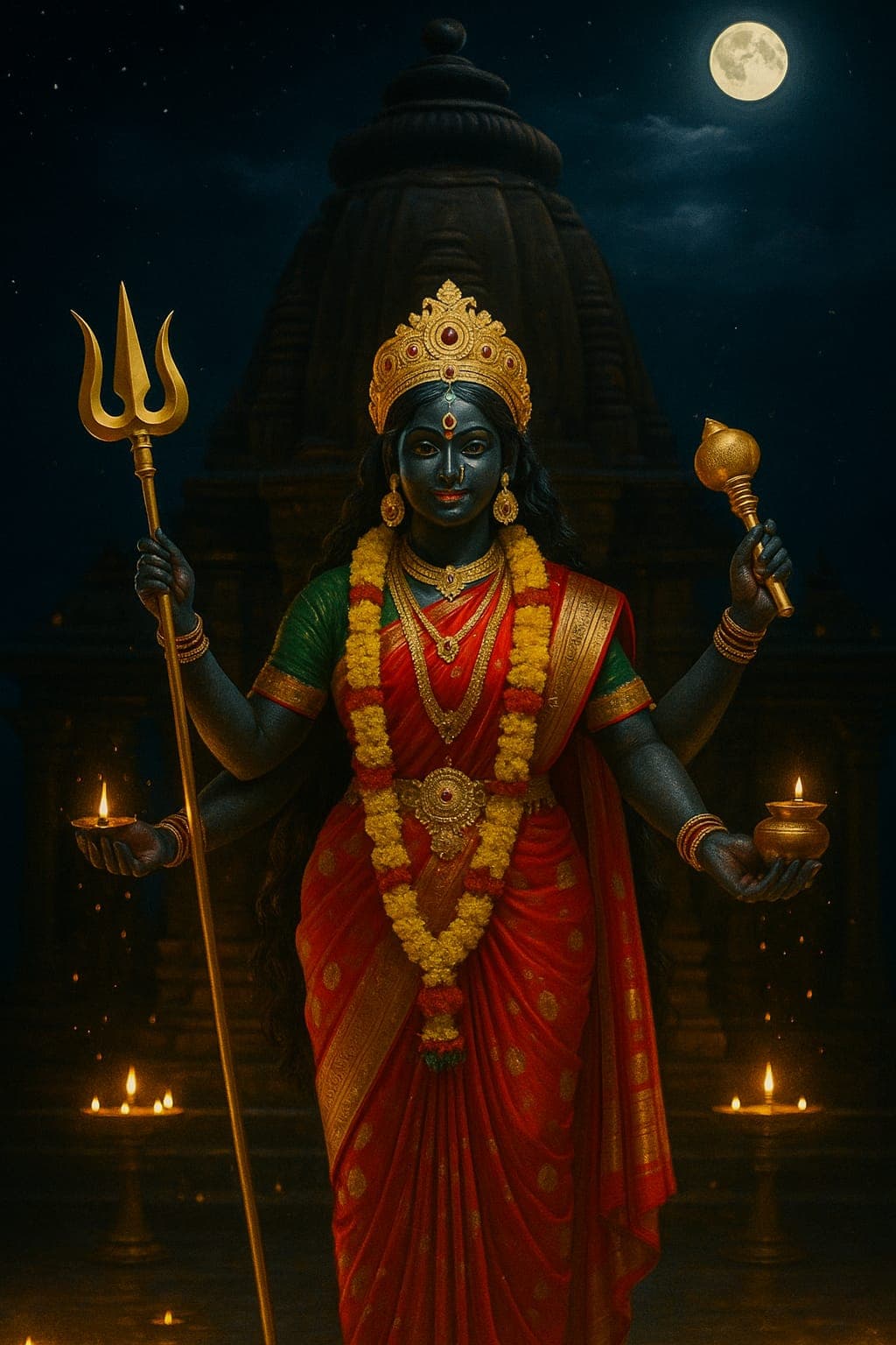 HD image of Maa Kali in night temple with moon and lamps.