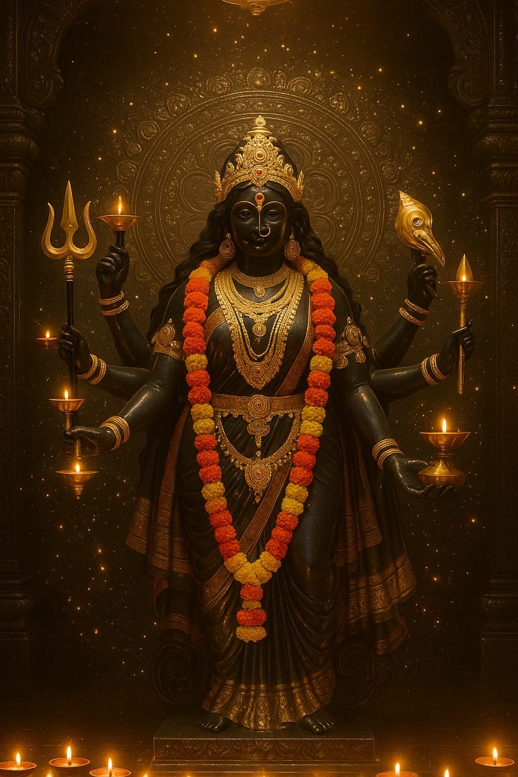 HD image of Maa Kali temple idol with lamps and trishul, free download.