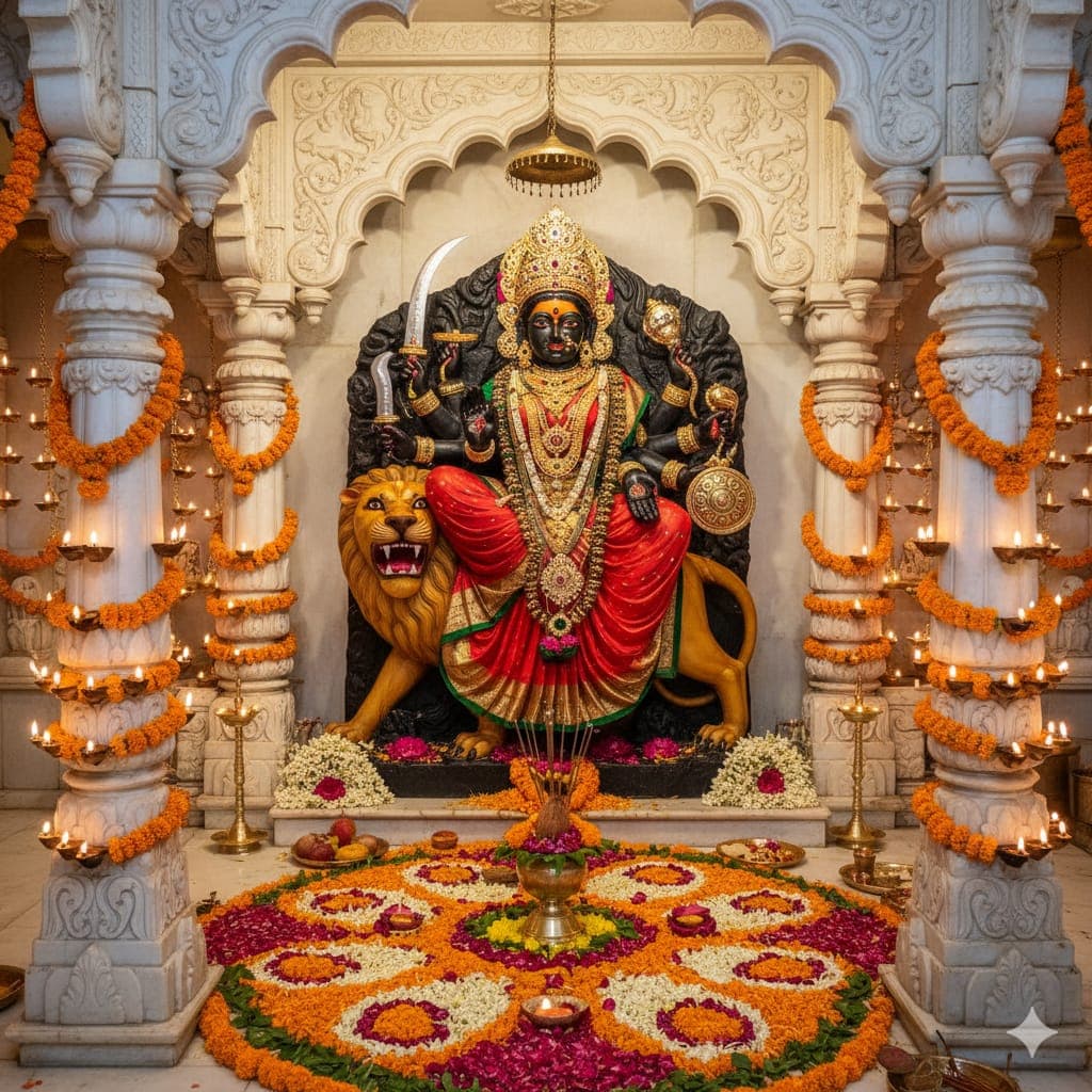 HD image of Maa Kali temple idol with lion and diya decorations, free download.