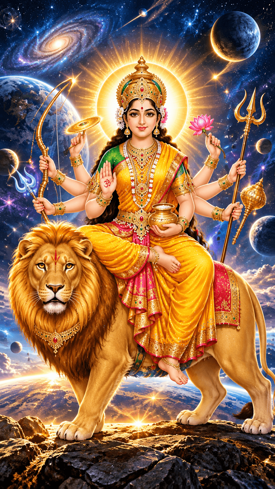 Maa Kushmanda in a golden-yellow saree seated on a majestic lion, holding divine weapons and a lotus against a cosmic celestial background, HD 4K image.