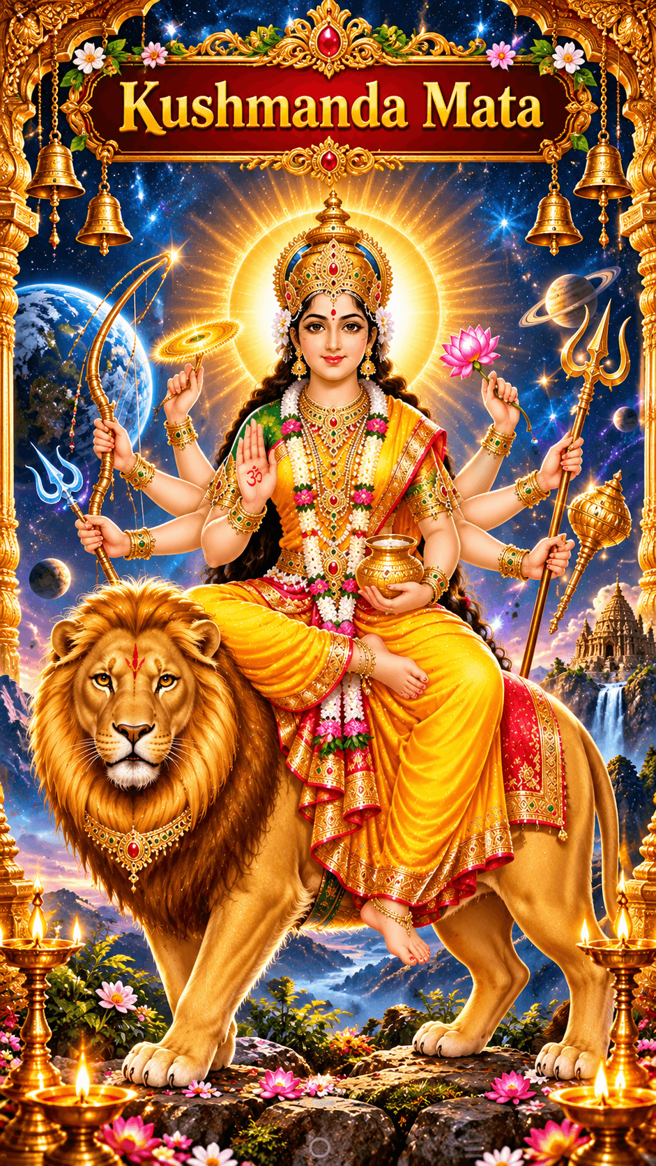 Maa Kushmanda seated on a majestic lion in a golden-yellow saree, holding divine weapons and lotus, with a cosmic background, HD 4K image.