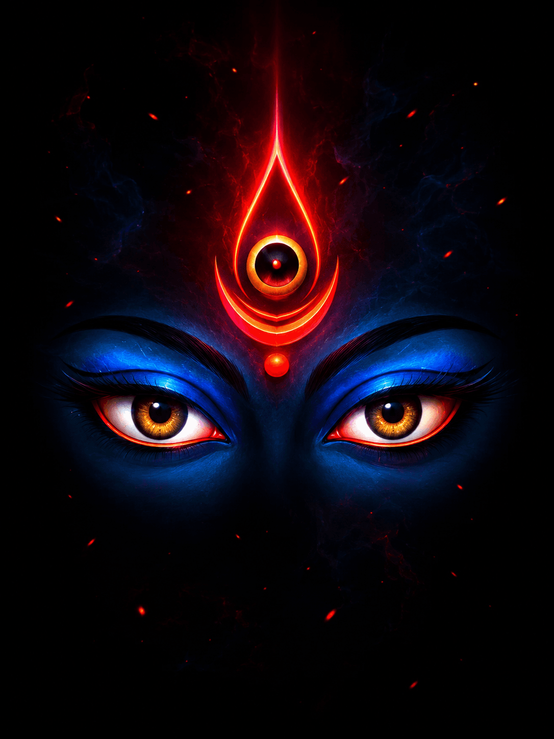 Minimalist Maa Mahakali artwork featuring glowing golden eyes, a radiant third eye, blue face, and dark mystical background in stunning 4K, free to download.