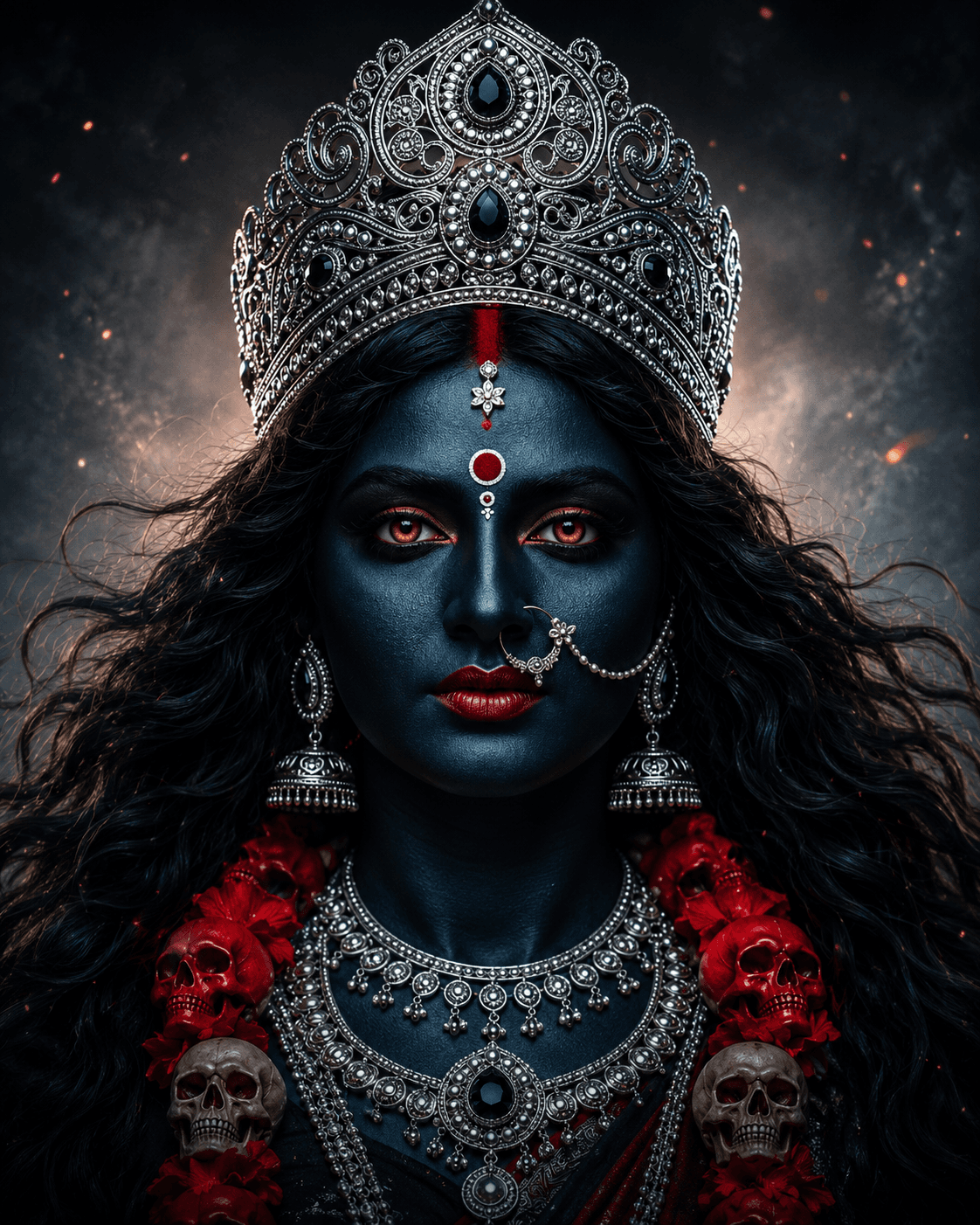 Regal portrait of Maa Mahakali with a silver crown, glowing amber eyes, skull garland, ornate jewelry, and a dark mystical background in stunning 4K, free to download.