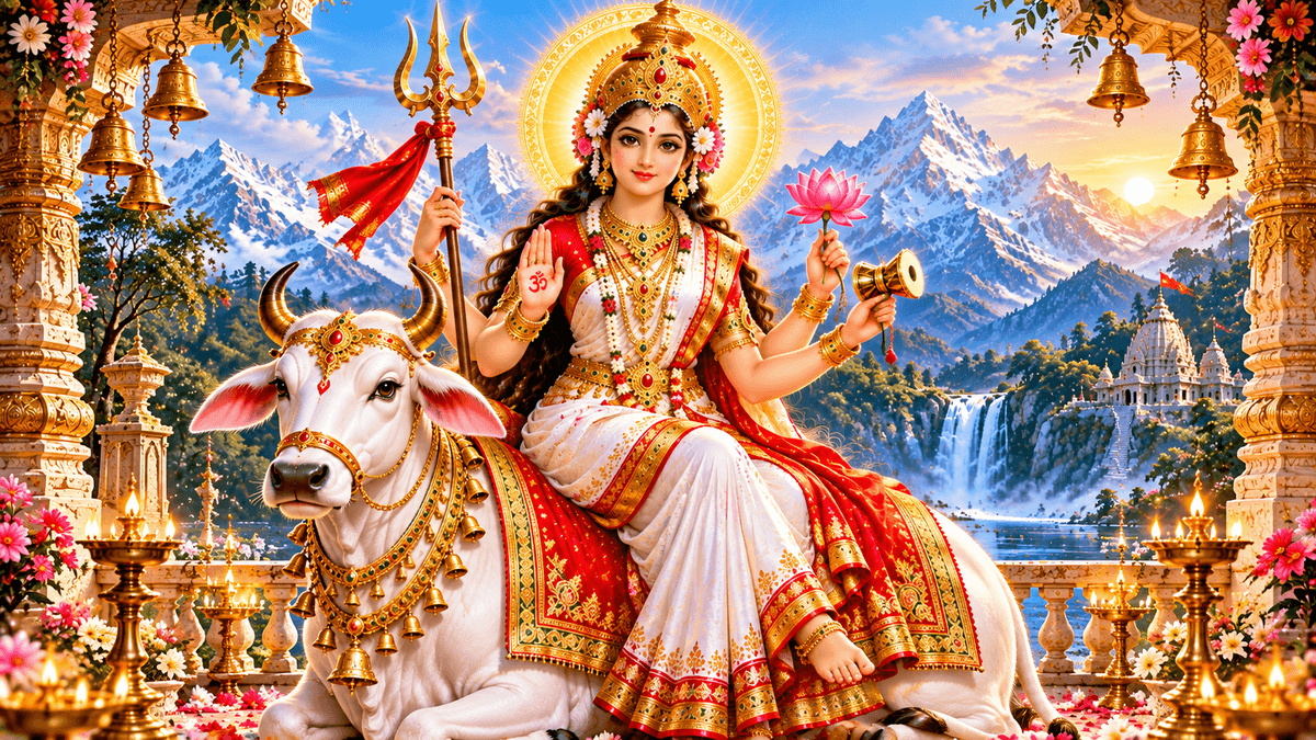 Maa Parvati in a red and white saree with golden crown, seated on Nandi amid Himalayan mountains, HD 4K image download.