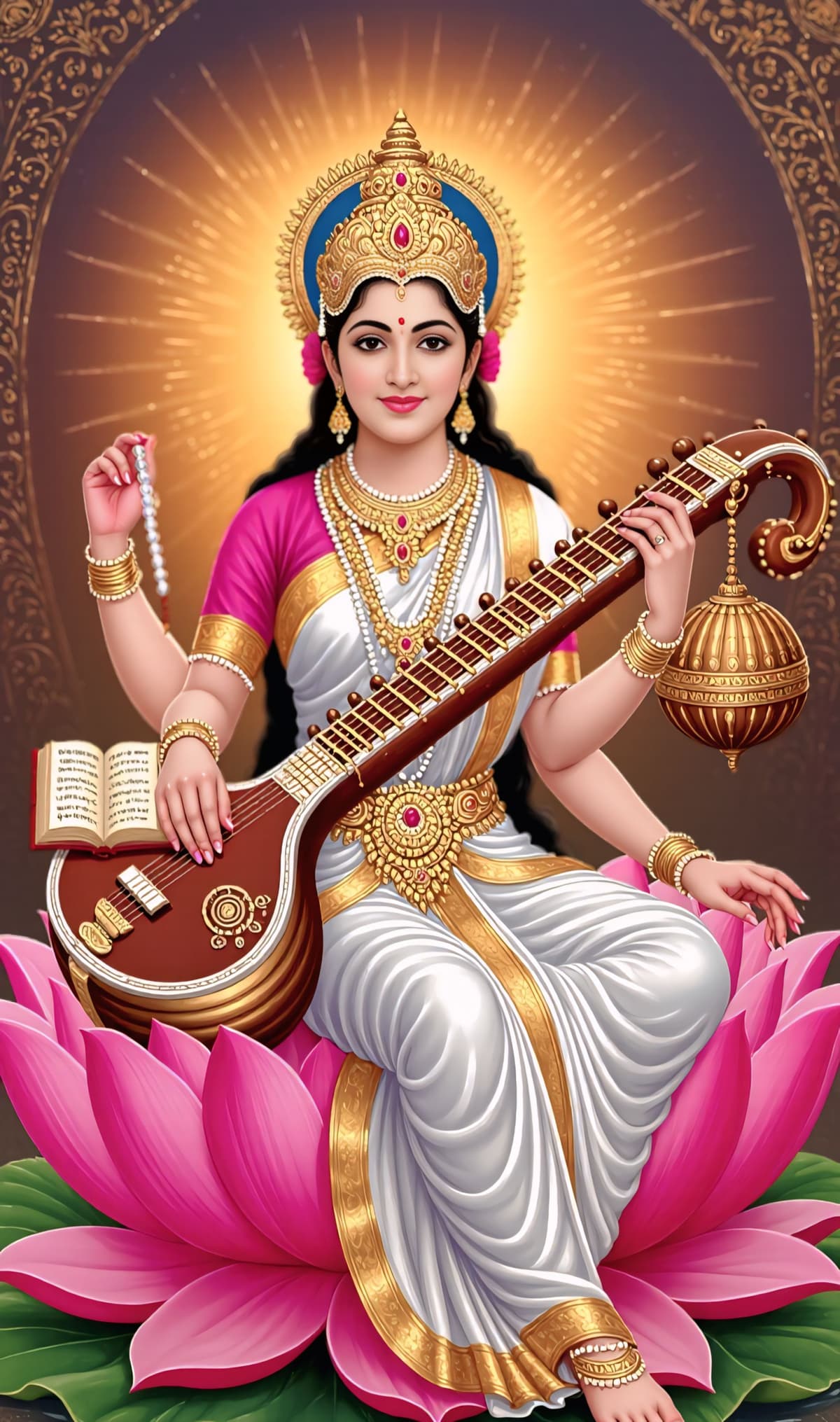 Golden aura Goddess Saraswati on lotus holding veena and book, HD wallpaper free