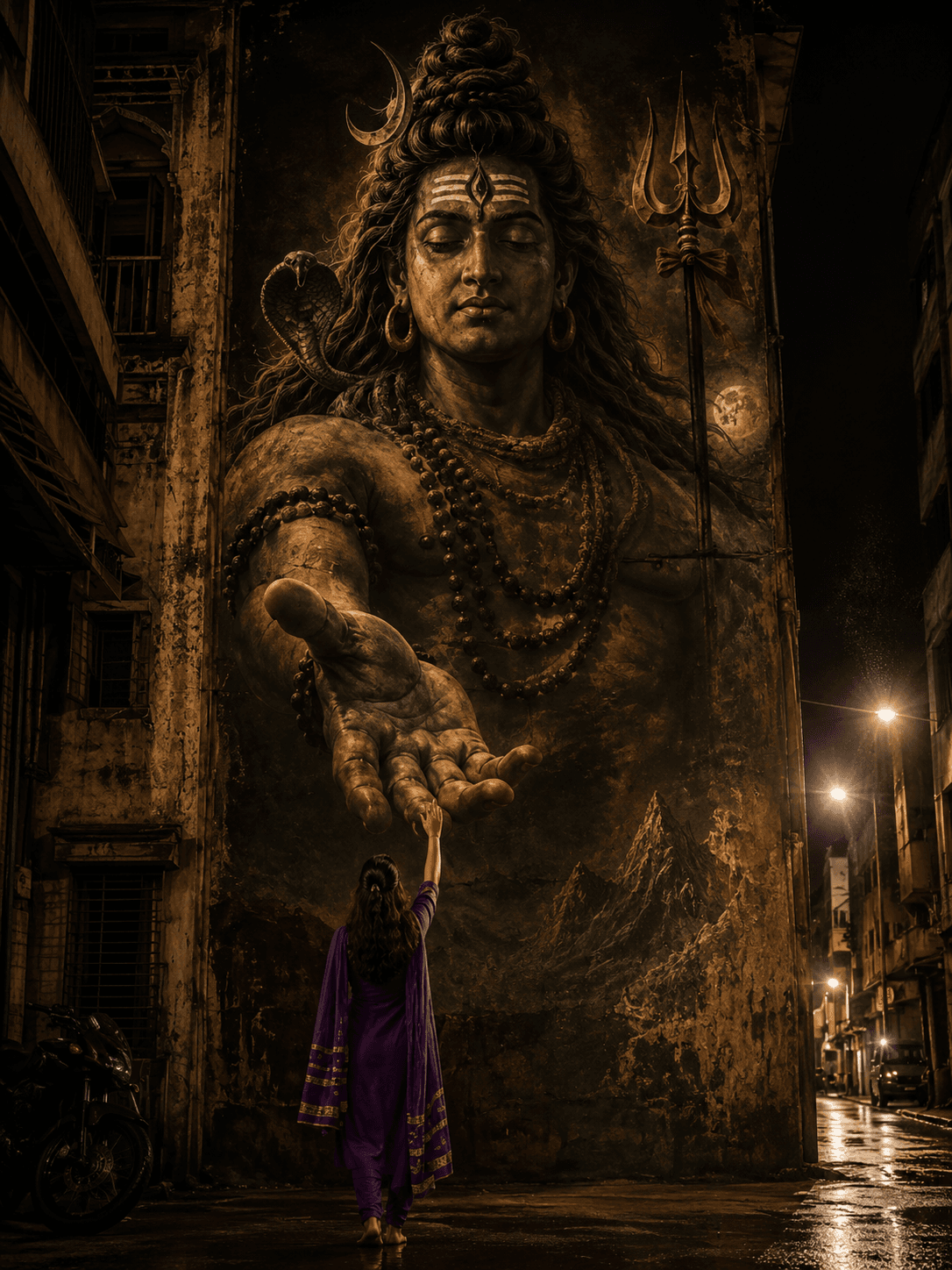 Powerful 4K Mahadev mural showing Lord Shiva extending a blessing hand with Trishul, Vasuki Nag, Rudraksha Mala, and a devotee reaching in faith, free HD download for wallpapers, devotional use, and spiritual projects.