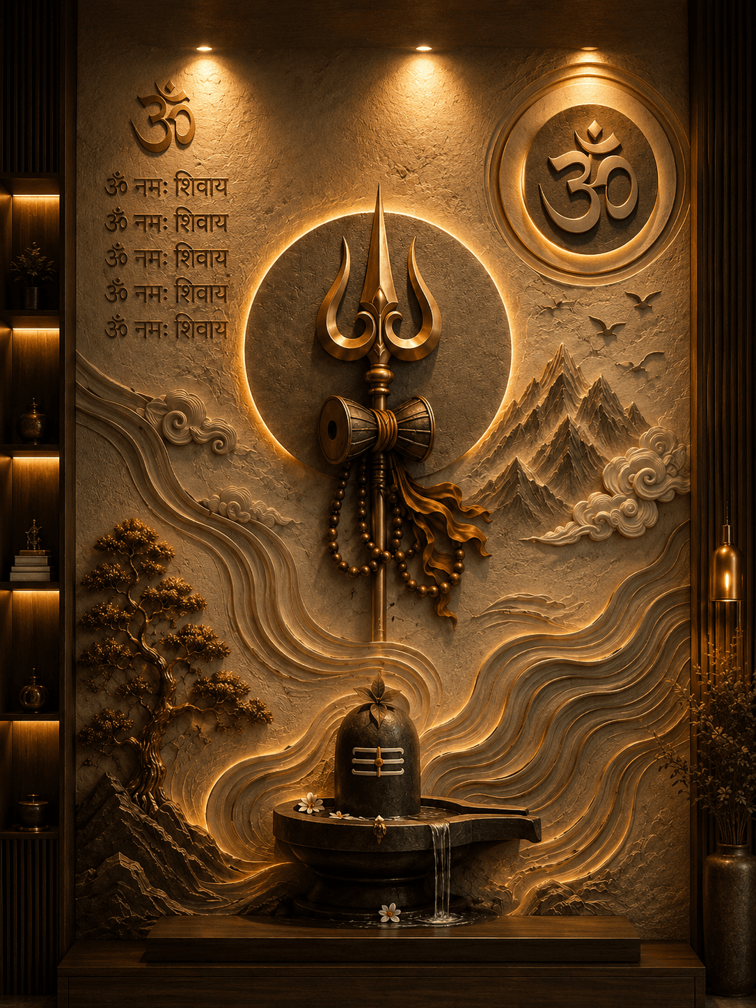 Elegant 4K Mahadev wall art featuring Shivling, Trishul, Damru, Om (ॐ), and Om Namah Shivaya in a modern spiritual interior, free HD download for wallpapers, home décor, and devotional use.