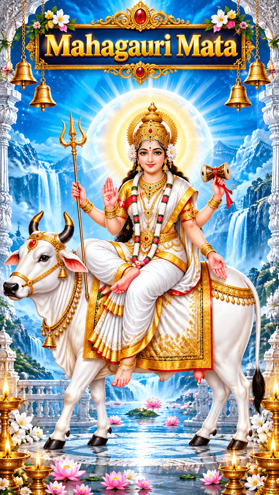 Mahagauri Mata seated on a white bull with a trident and damaru, surrounded by waterfalls and lotus flowers, 4K image for free download.