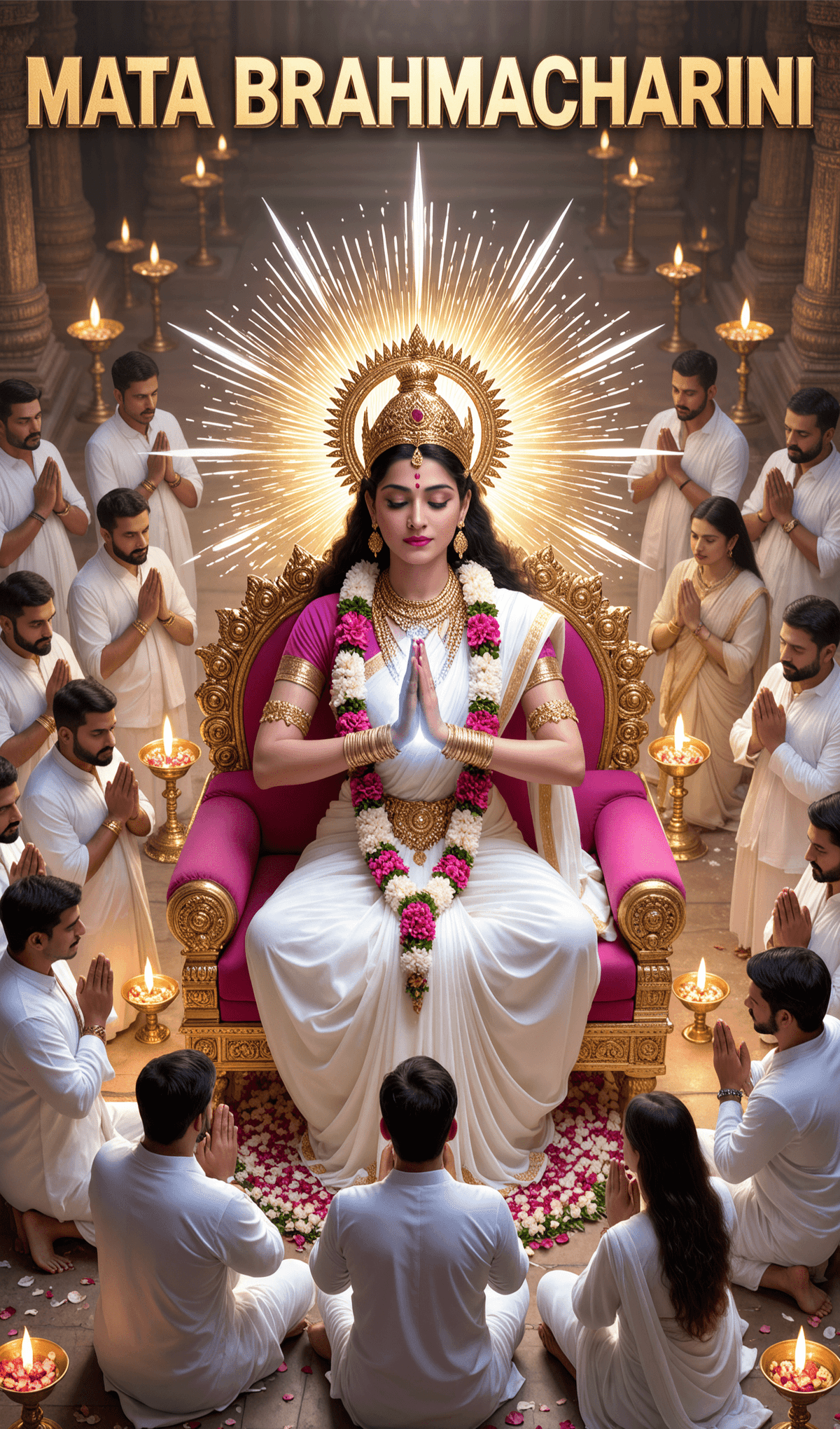 Mata Brahmacharini seated on throne with devotees praying around.