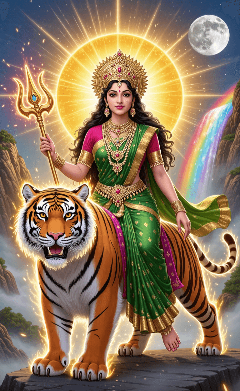 Mata Chandraghanta in green saree with trident, riding a tiger under a glowing aura.