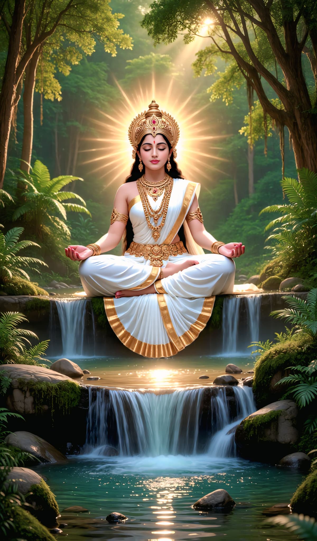 Peaceful HD image of Goddess Saraswati meditating near waterfall in forest, free download