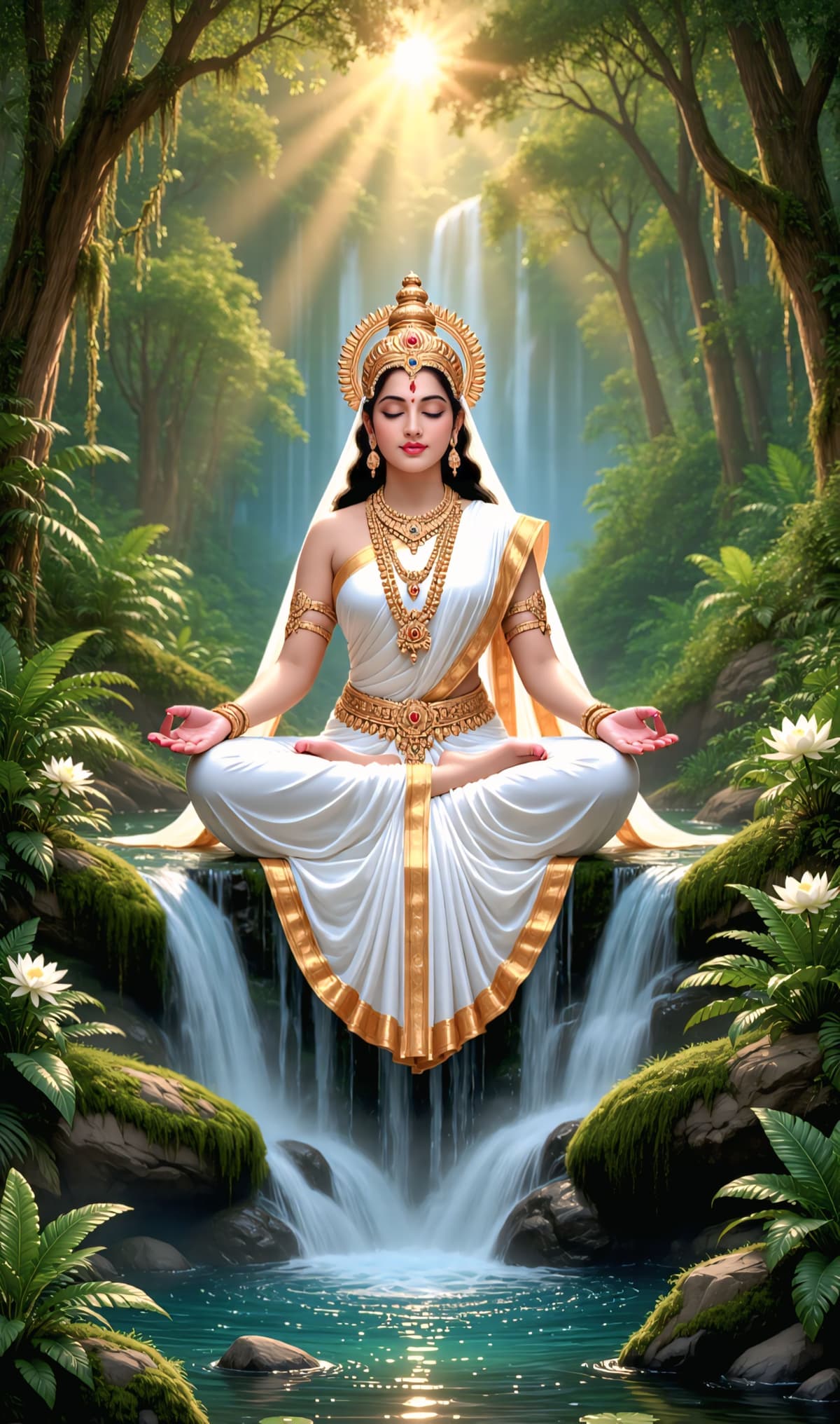 Goddess Saraswati meditating near waterfall, free to download