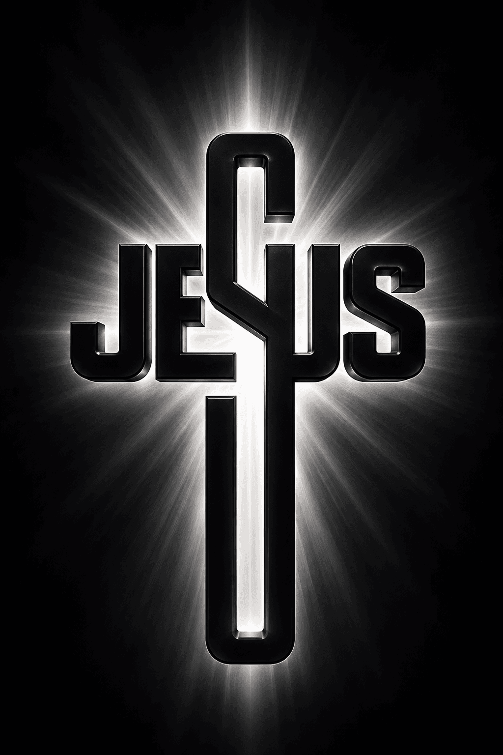 High-resolution modern black Jesus typography integrated with a glowing Christian cross on a dark background, perfect for HD wallpapers, church branding, Christian artwork, and faith-inspired graphic designs.