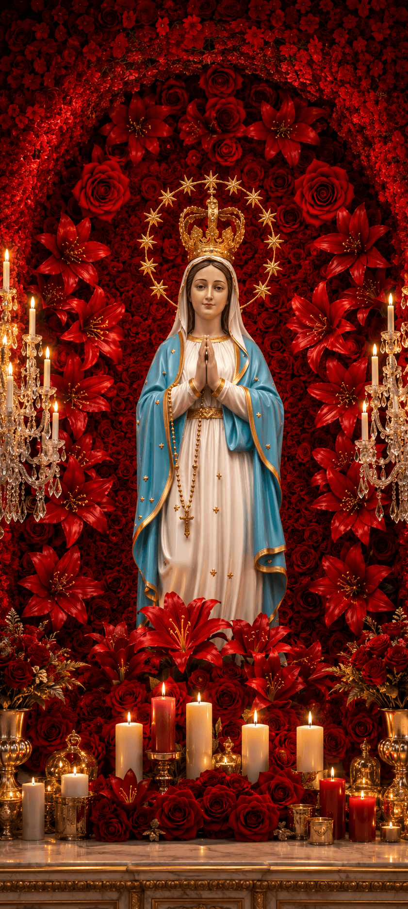 Mother Mary in a blue and white robe with a golden crown, praying among red roses, lilies, candles and a radiant star halo.