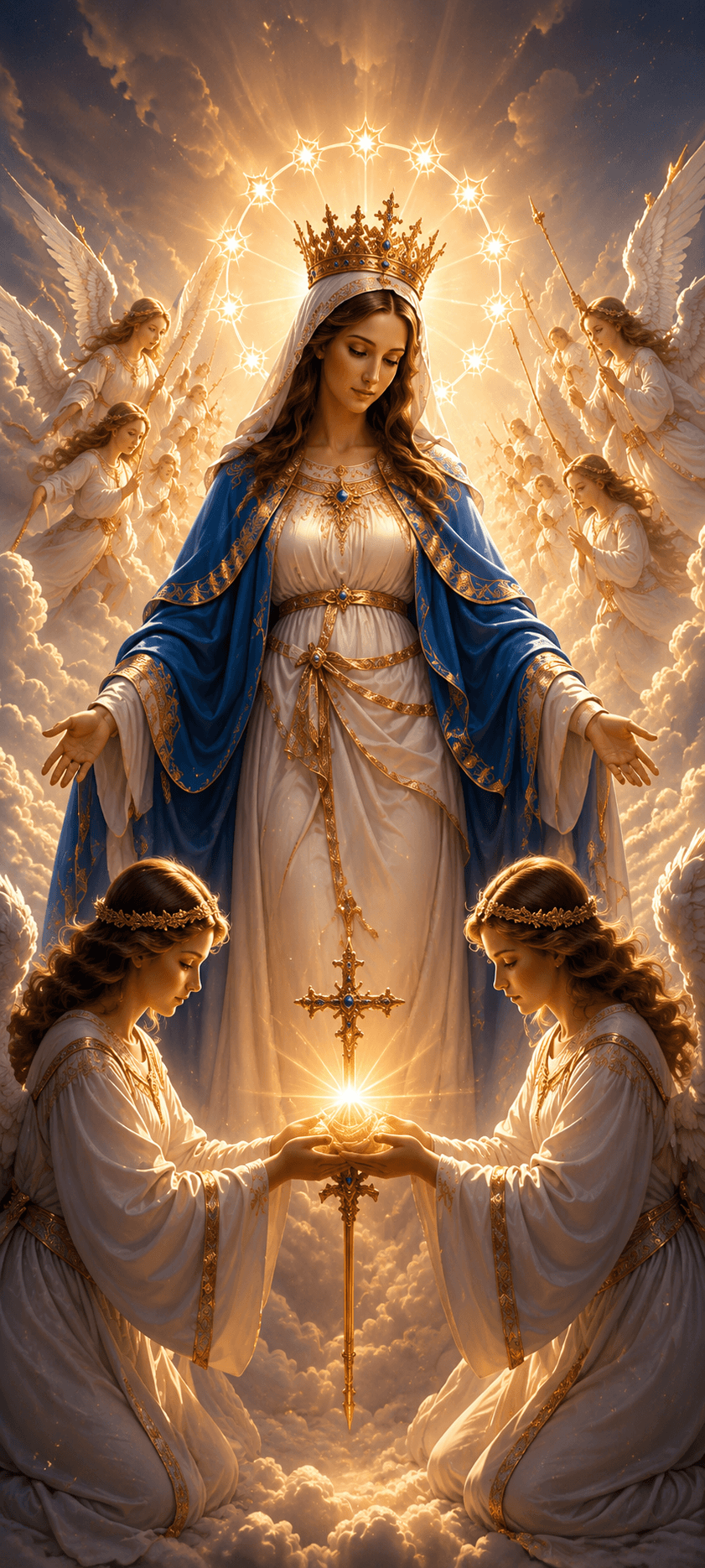 Mother Mary in a blue and white robe with a golden crown, surrounded by angels and radiant heavenly light, high-resolution devotional image.