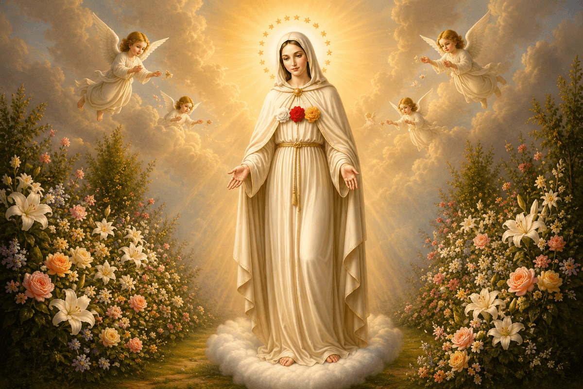 Mother Mary in a white robe standing among colorful flowers, surrounded by angels and radiant golden light, high-resolution devotional image.