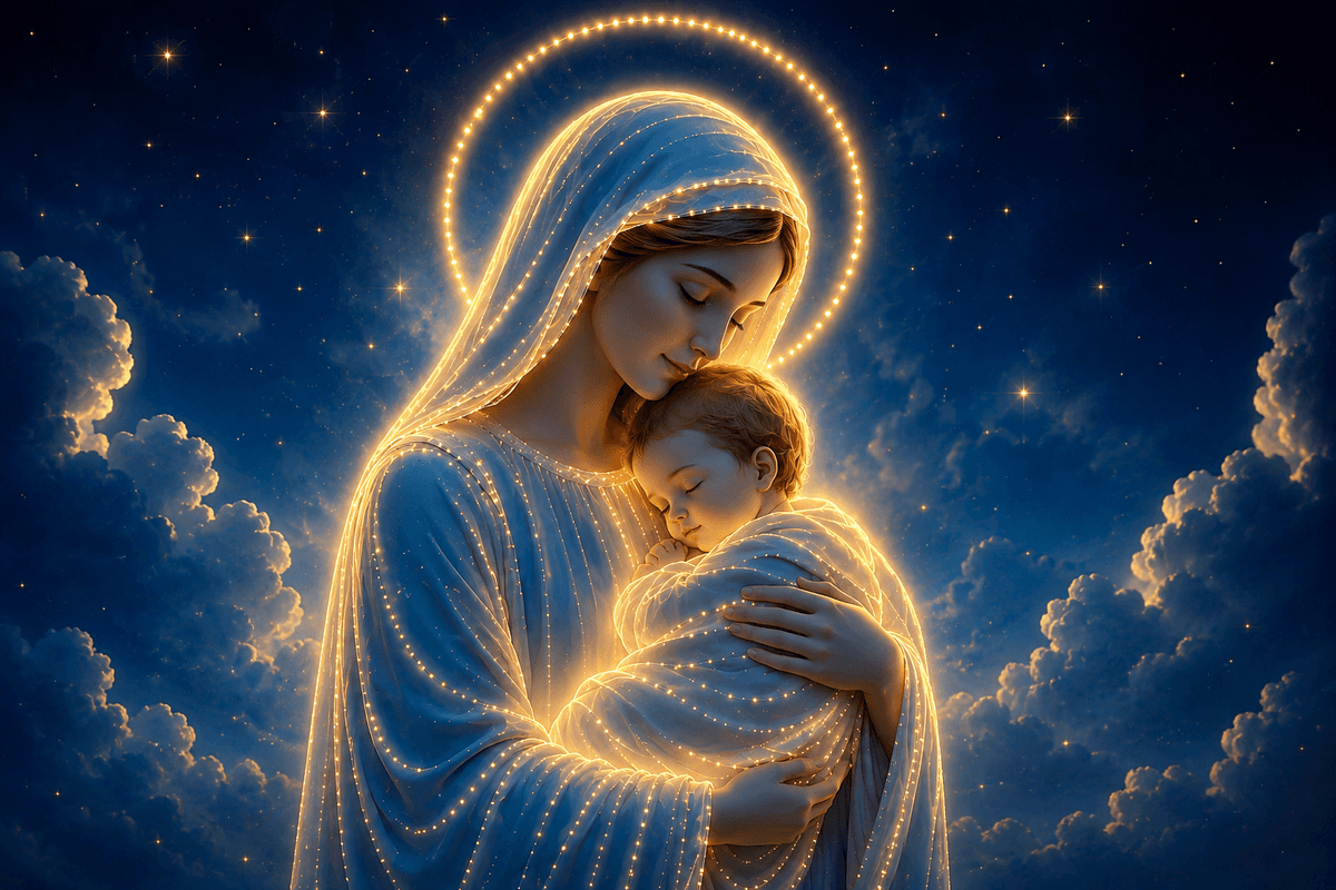 Mother Mary holding sleeping baby Jesus beneath a glowing halo, surrounded by stars and clouds in a serene blue night sky, high-resolution devotional image.