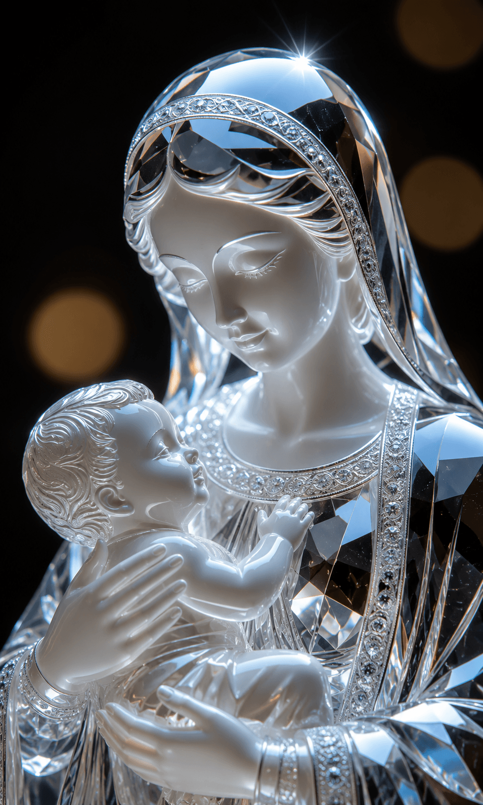 Mother Mary holding baby Jesus in a sparkling crystal statue, with intricate silver details and luminous reflections on a dark background.